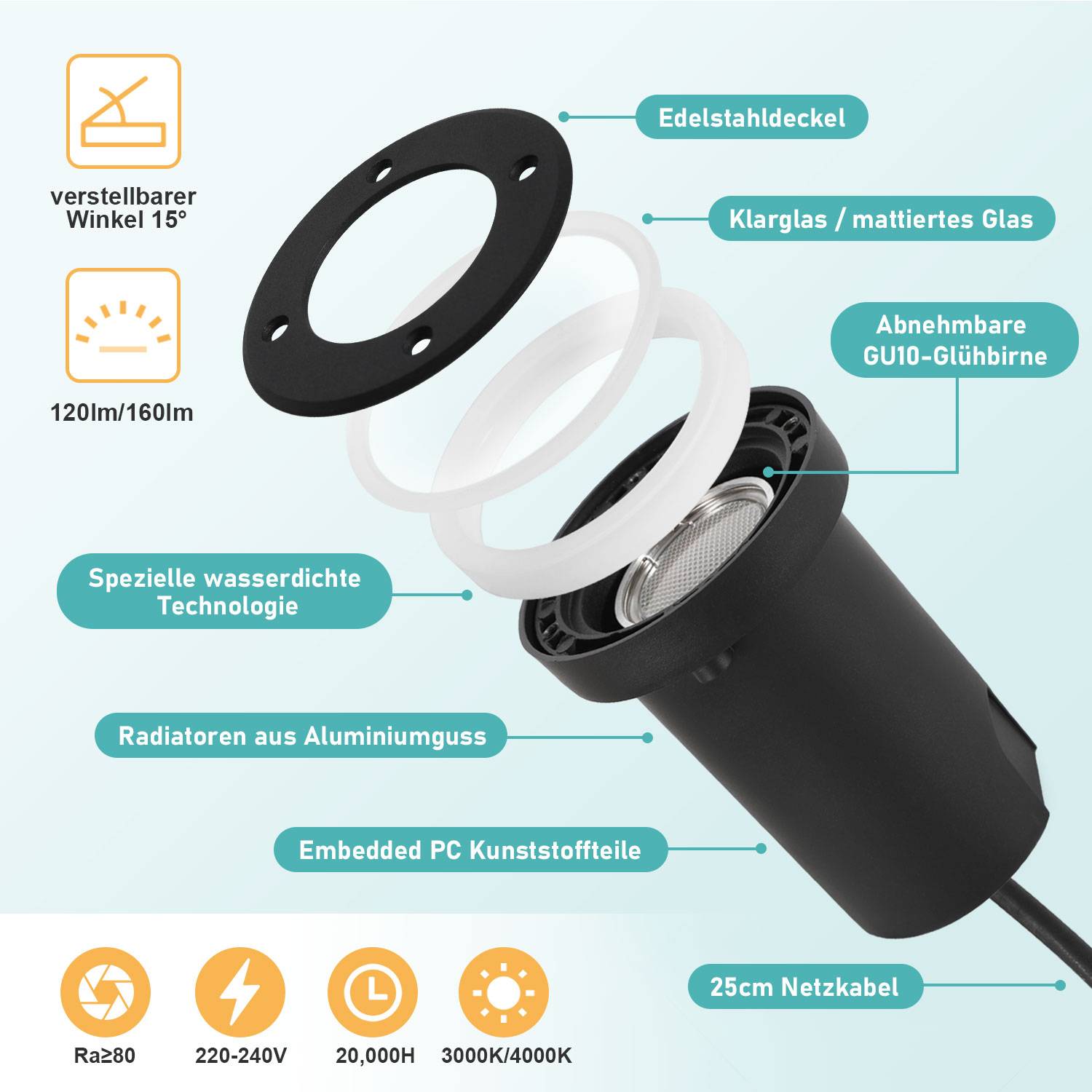 6x 3W Bodenleuchte Schwenkbar IP67 Außen LED Bodeneinbaustrahler Bodenstrahler Bodenlampe Neutralweiß - Schwarz Gehäuse