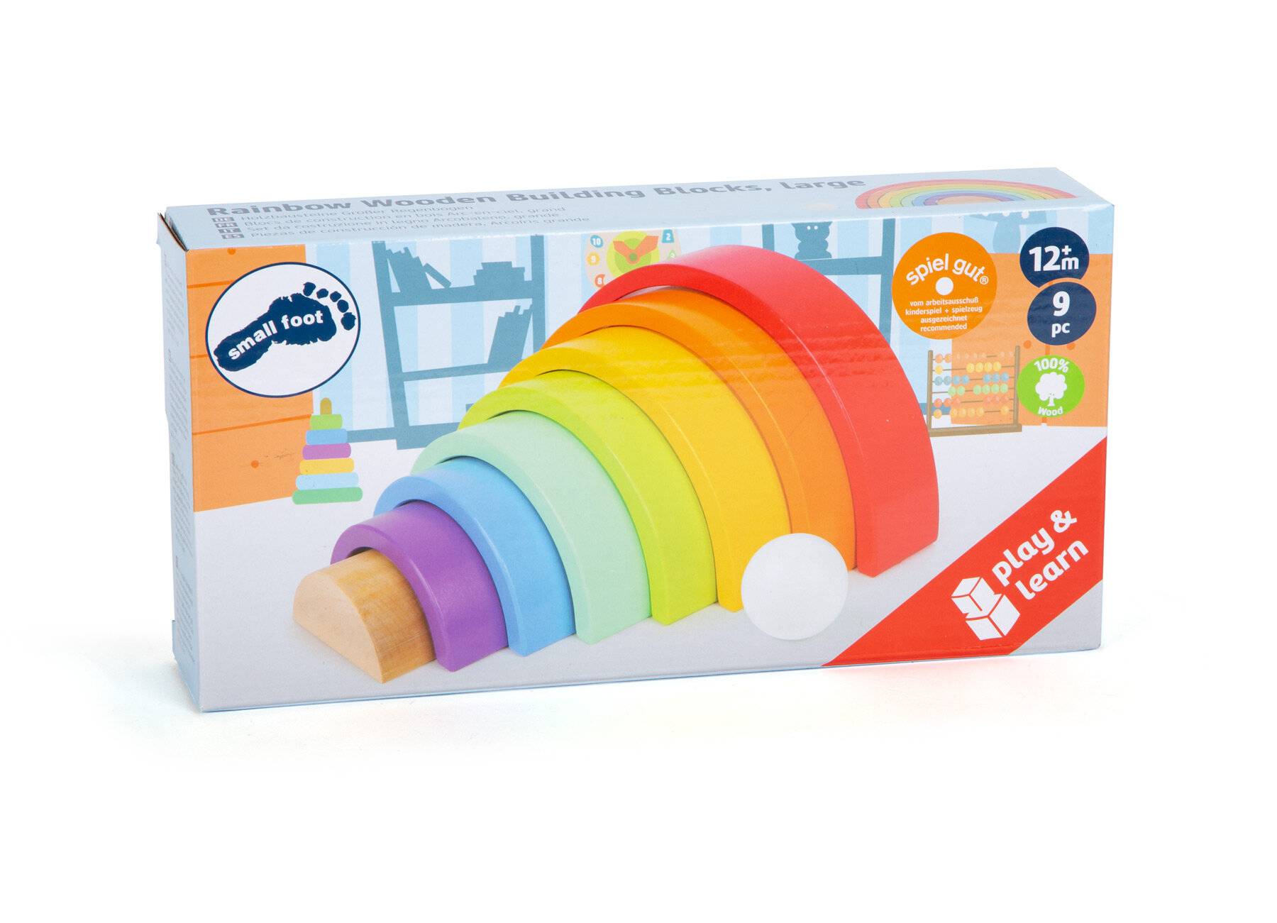 Regenbogenfarbige hölzerne Stapelblöcke für Kinder ab 12 Monaten. Enthält 9 Teile für spielerisches Lernen und Entwicklung.