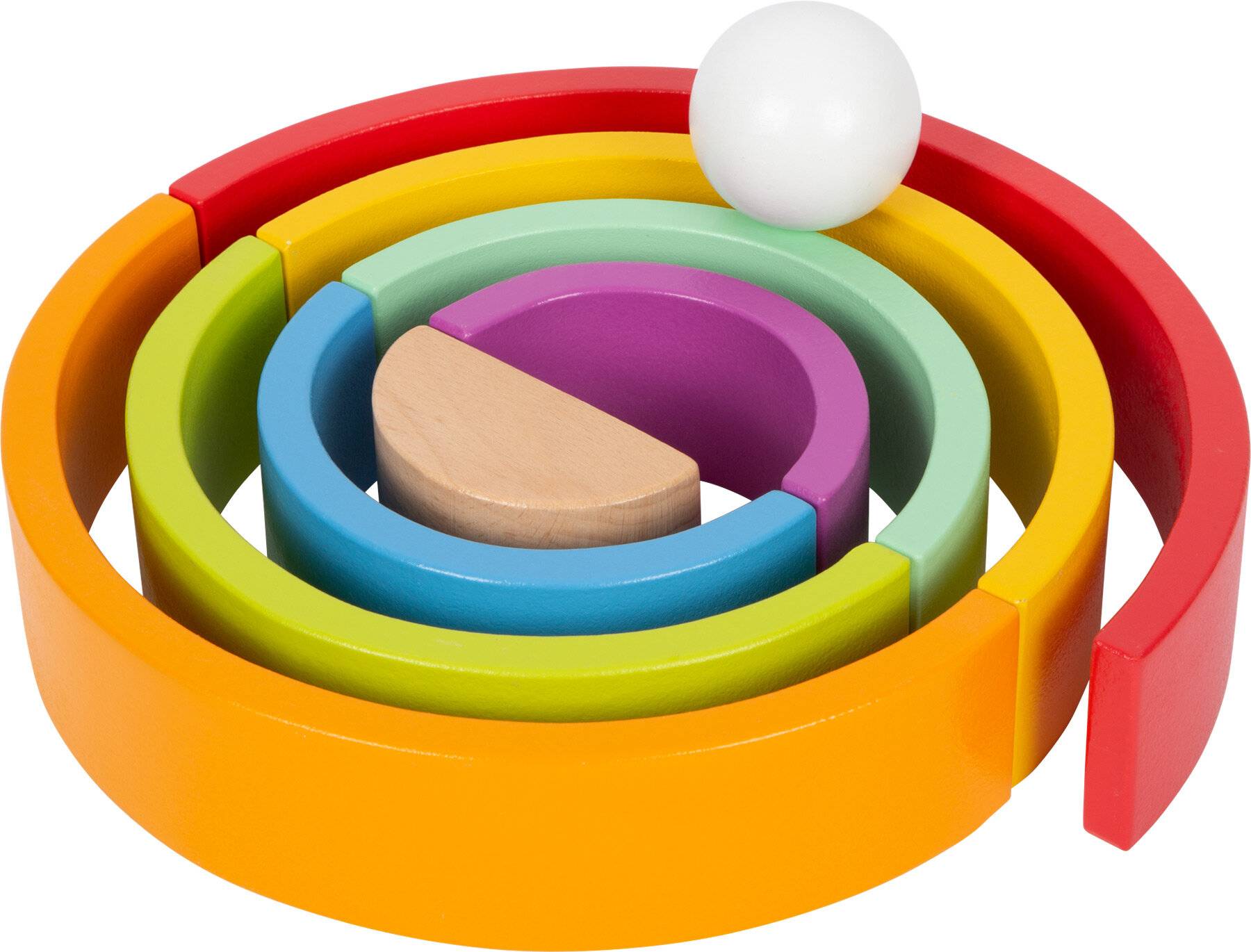 Buntes, geschichtetes, kreisförmiges Holzspielzeug mit gestapelten konzentrischen Ringen und einem weißen Ball oben, das zum Spielen und Lernen für Kinder verwendet wird.