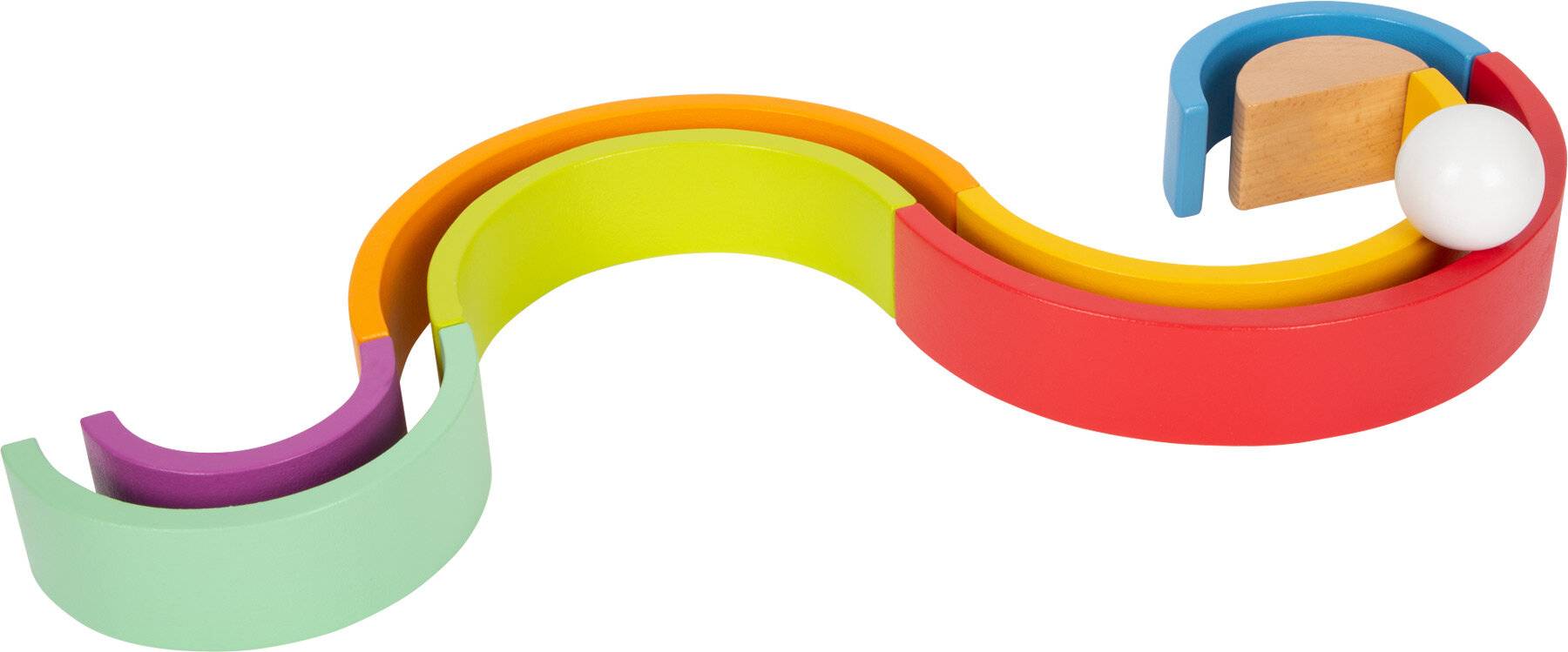 Gebogene Blöcke in Orange, Gelb und Rot bilden einen Teilkreis auf weißem Hintergrund und deuten auf Verbindung und Kontinuität hin.