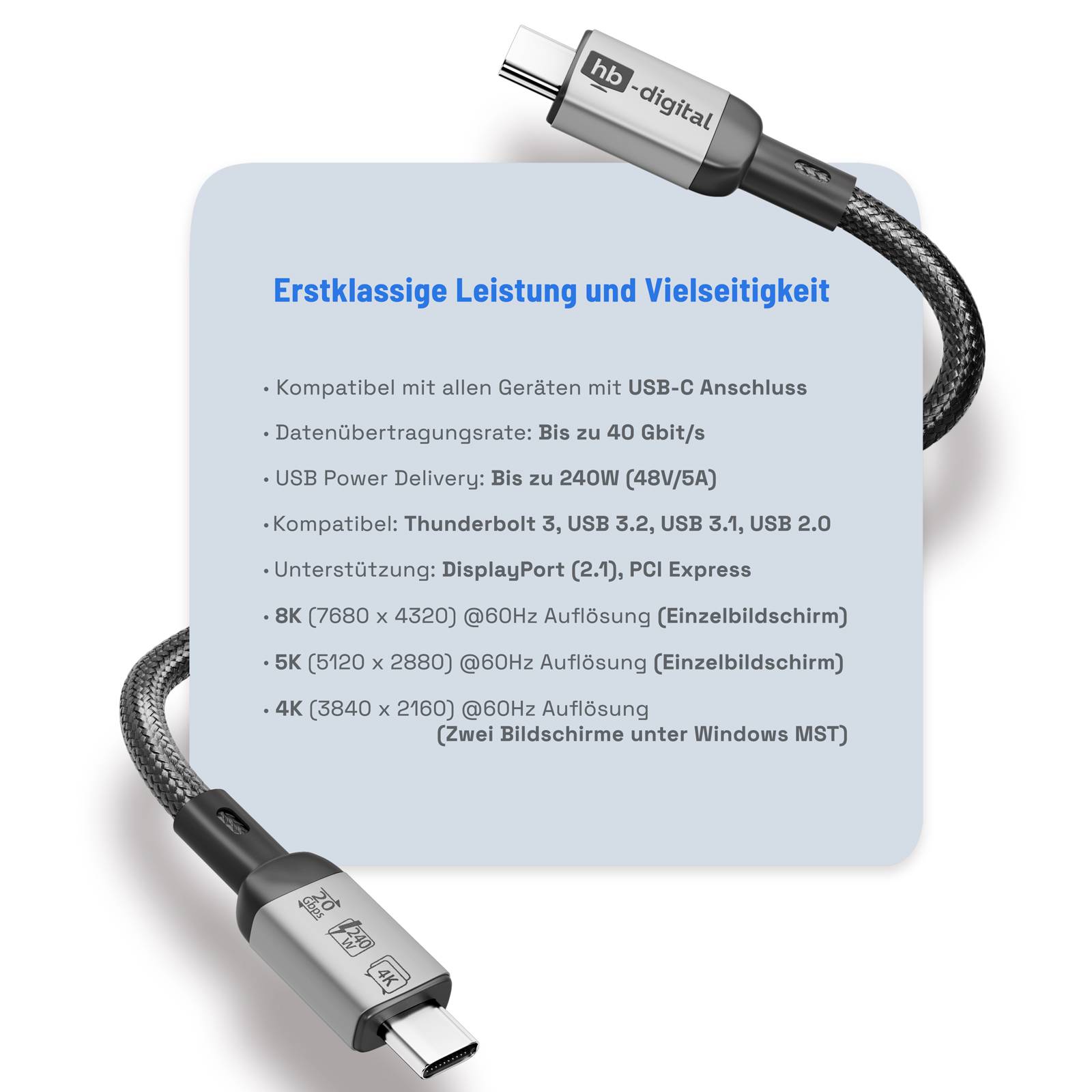 hb-digital USB Kabel USB-C Ladekabel USB-4 Datenkabel 40Gbps 240W 1m