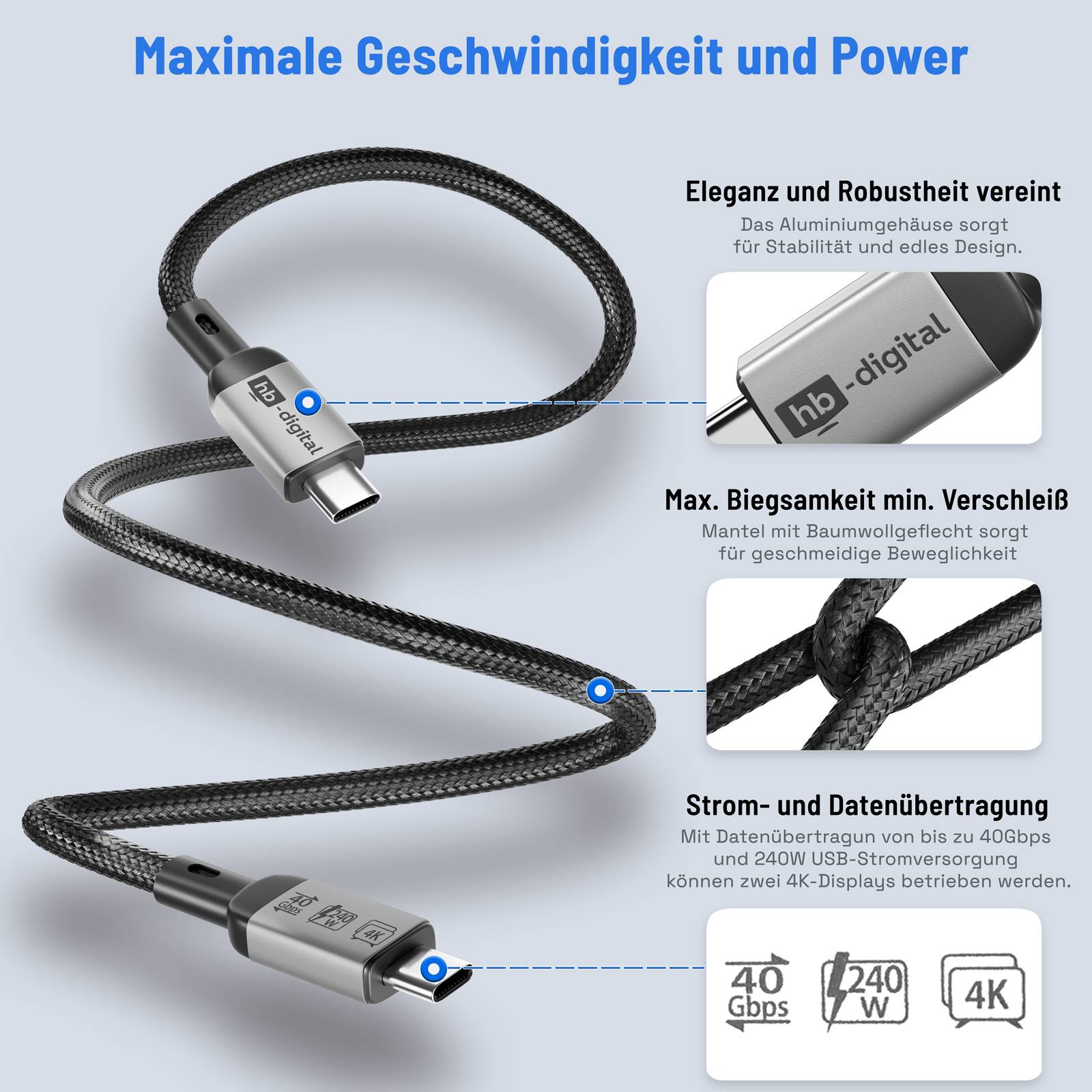 hb-digital USB Kabel USB-C Ladekabel USB-4 Datenkabel 40Gbps 240W 1m
