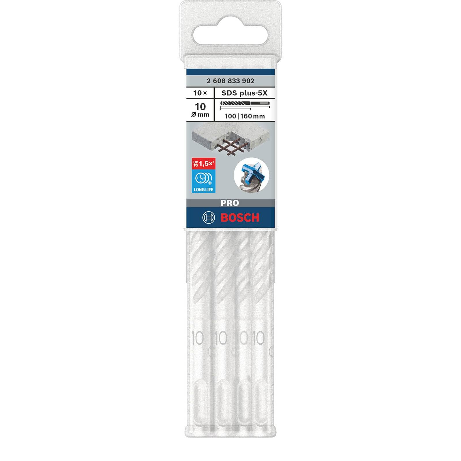 Bosch SDS plus-5X Bohrer-Set, 10 Stück, 9 mm Durchmesser, 160 mm Länge, entwickelt für den Einsatz in Beton. Lange Lebensdauer hervorgehoben.