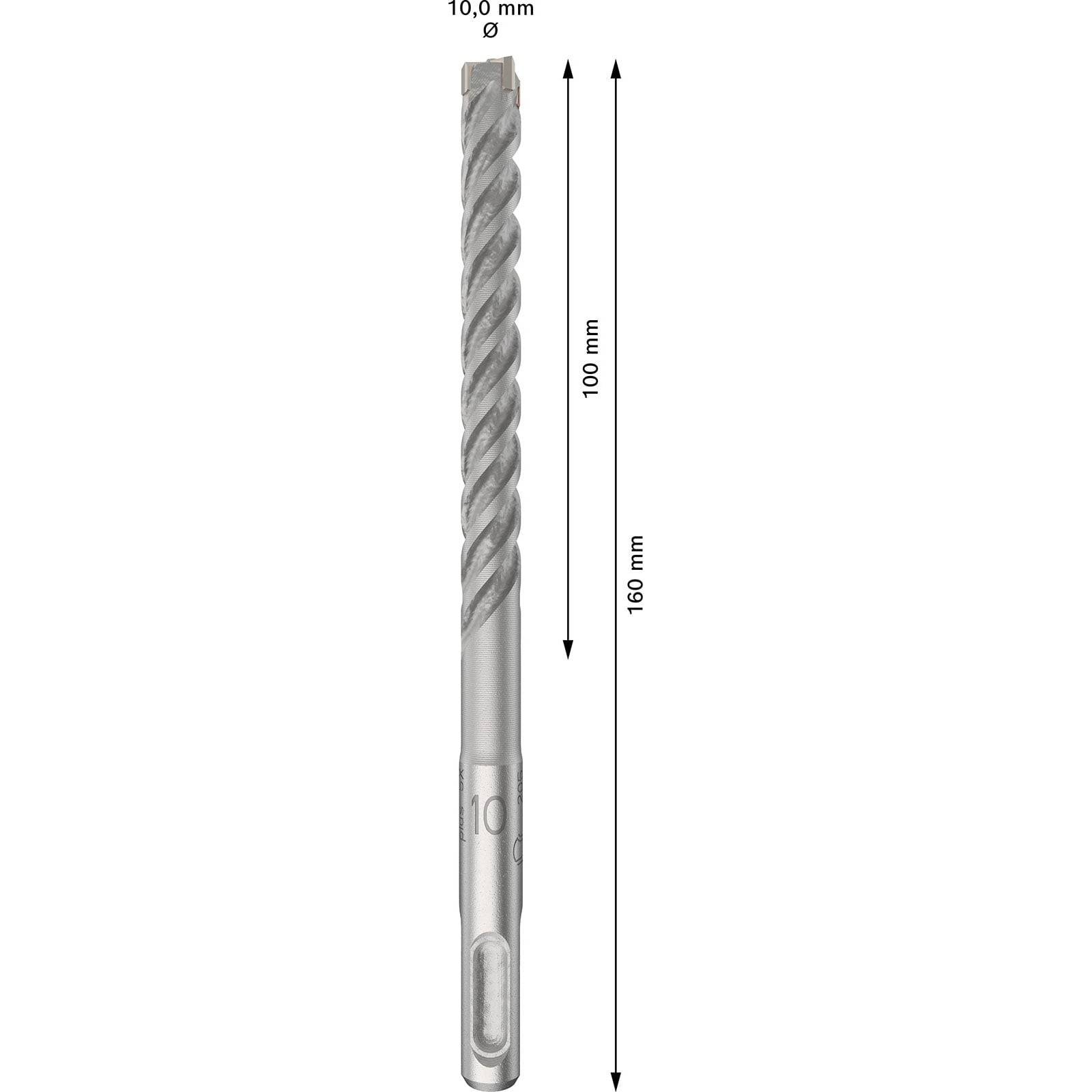 Bohrer mit 10 mm Durchmesser und 160 mm Länge, mit spiralförmiger Nut. Angegebene Maße: 100 mm und 160 mm.
