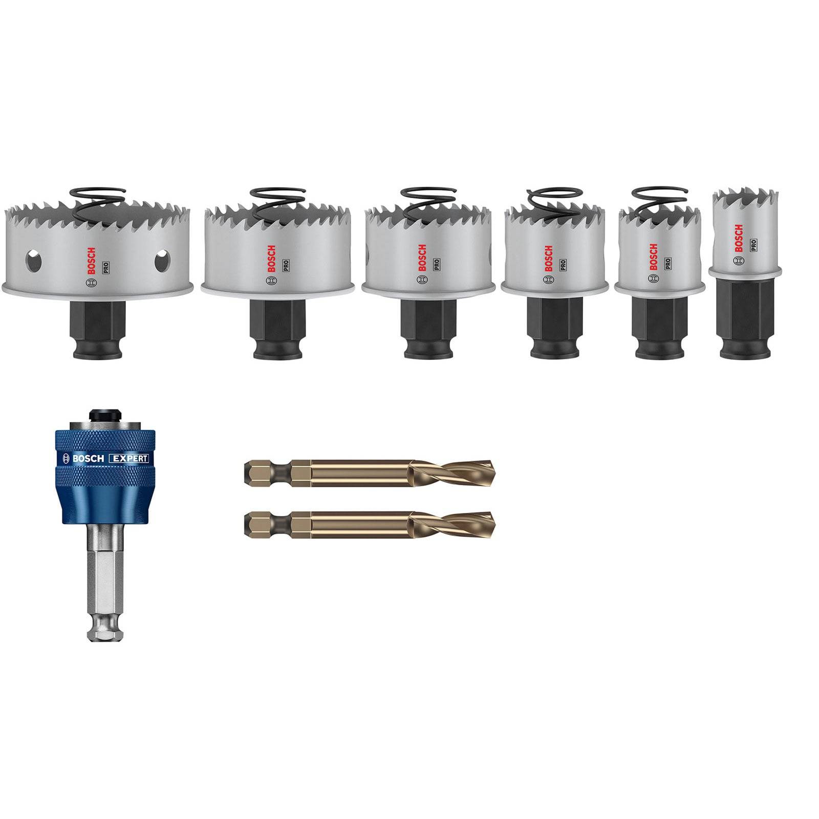 Ein Set von Bosch-Lochsägen in verschiedenen Größen, ein Schnellwechsel-Adapter und Bohrer zum Schneiden durch verschiedene Materialien.