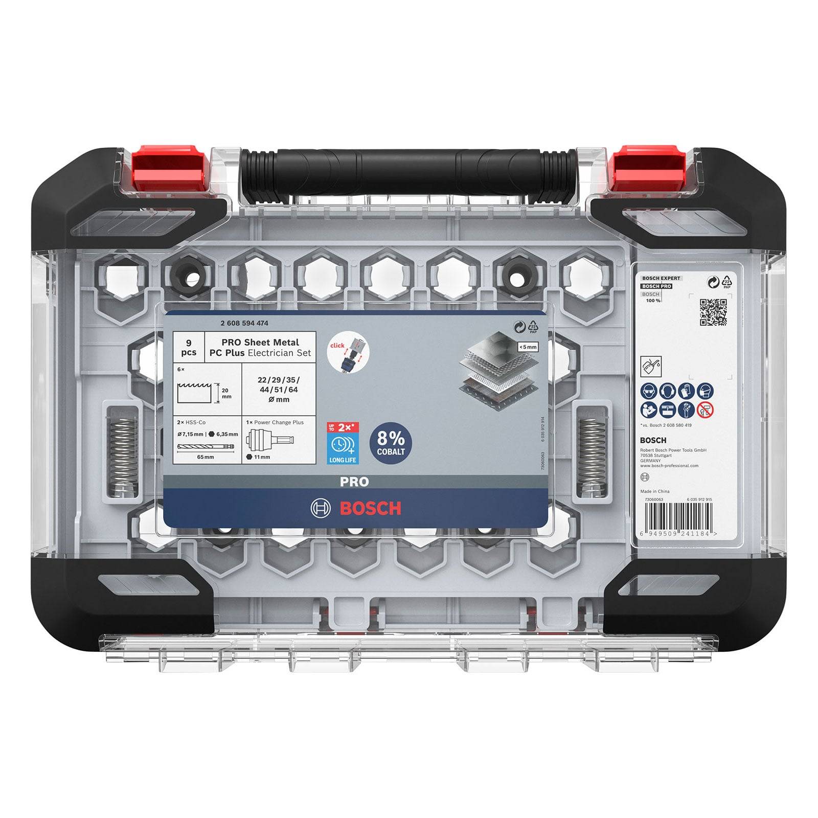 Bosch-Metallbohrer-Set, 9-teilig, 8% Kobalt, übersichtlich in einer transparenten Box mit schwarzem Griff und roten Verschlüssen.