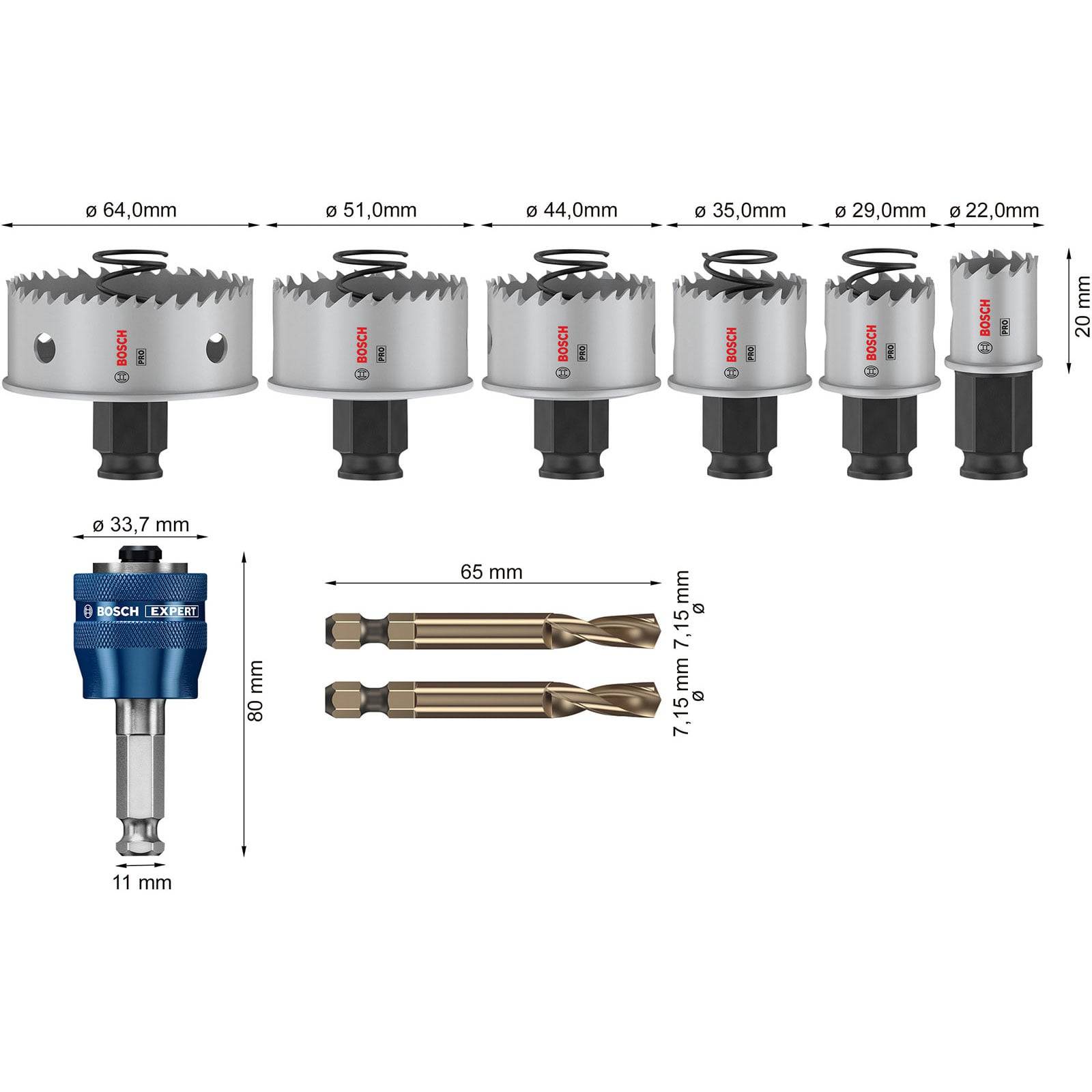 Satz von sechs Bosch-Lochsägen in verschiedenen Durchmessern von 22 mm bis 64 mm, präsentiert mit Bohrbit und Abmessungen für jedes Einzelstück.