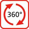 Rote Pfeile, die einen Kreis um '360°' bilden und eine Rotation oder Panoramaansicht andeuten.