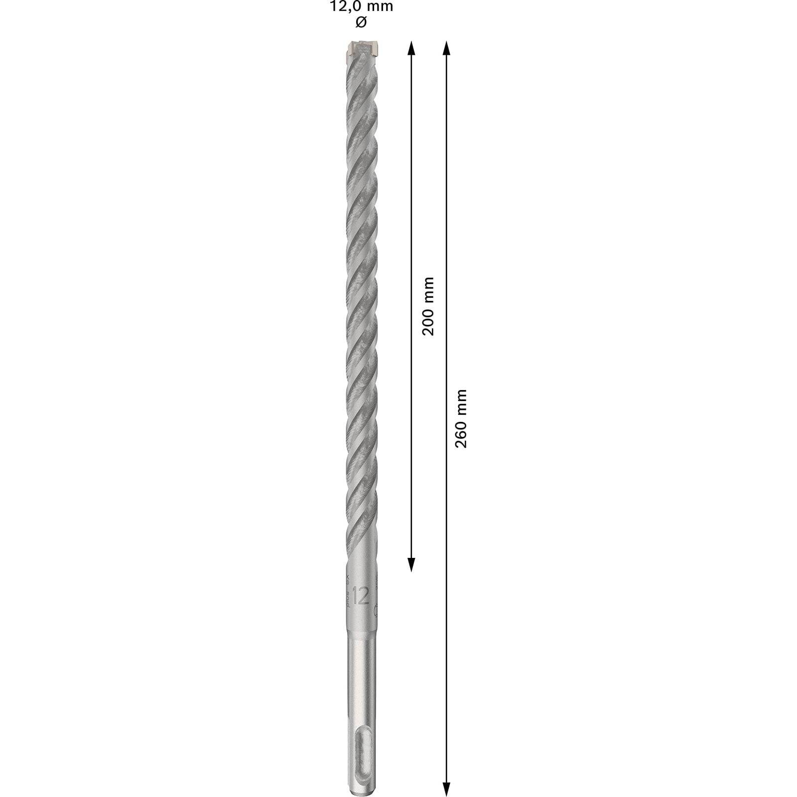 Ein Bohrer mit einem Durchmesser von 12,0 mm und einer Gesamtlänge von 260 mm sowie einer Arbeitslänge von 200 mm, ausgestattet mit einer Spiralnutengeometrie.