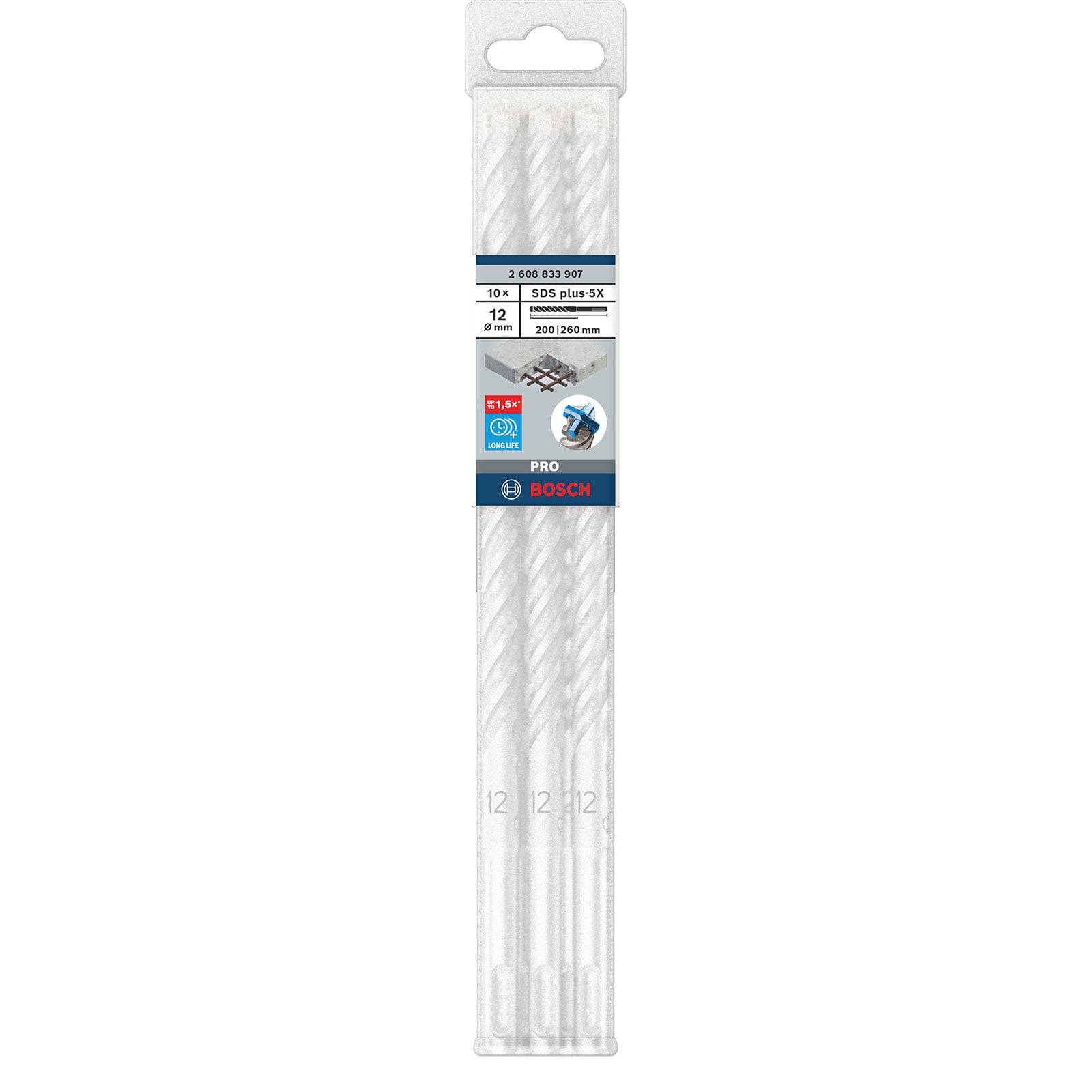 Bosch SDS plus-5X Bohrer, 10mm x 200mm, 3-teiliges Set in transparenter Kunststoffverpackung, geeignet für Beton- und Steinbohrungen.