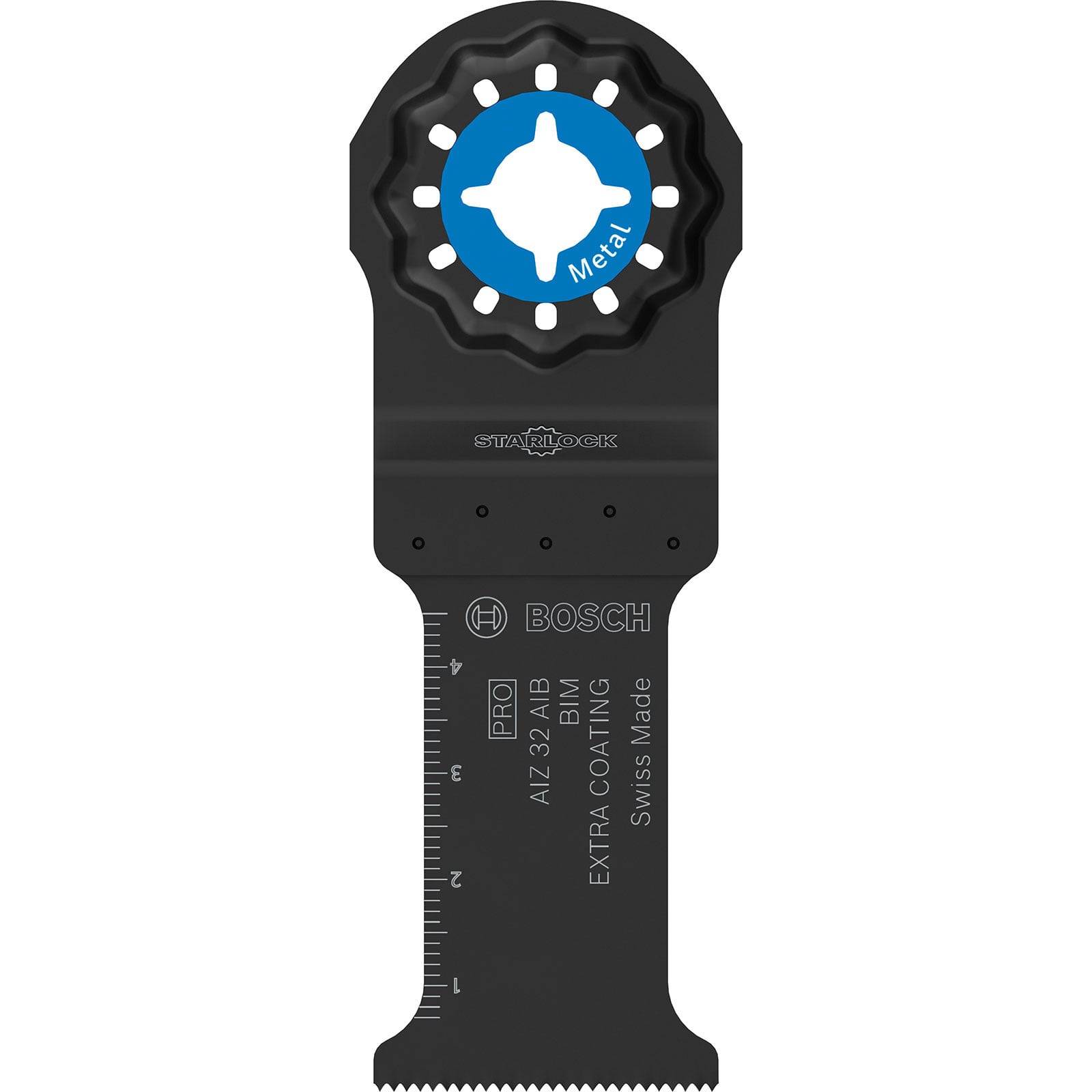 Oszillierendes Sägeblatt von Bosch, für Metallschnitt gekennzeichnet, mit kreisförmigem Befestigungspunkt und Maßskala, Schweizer Herstellung.