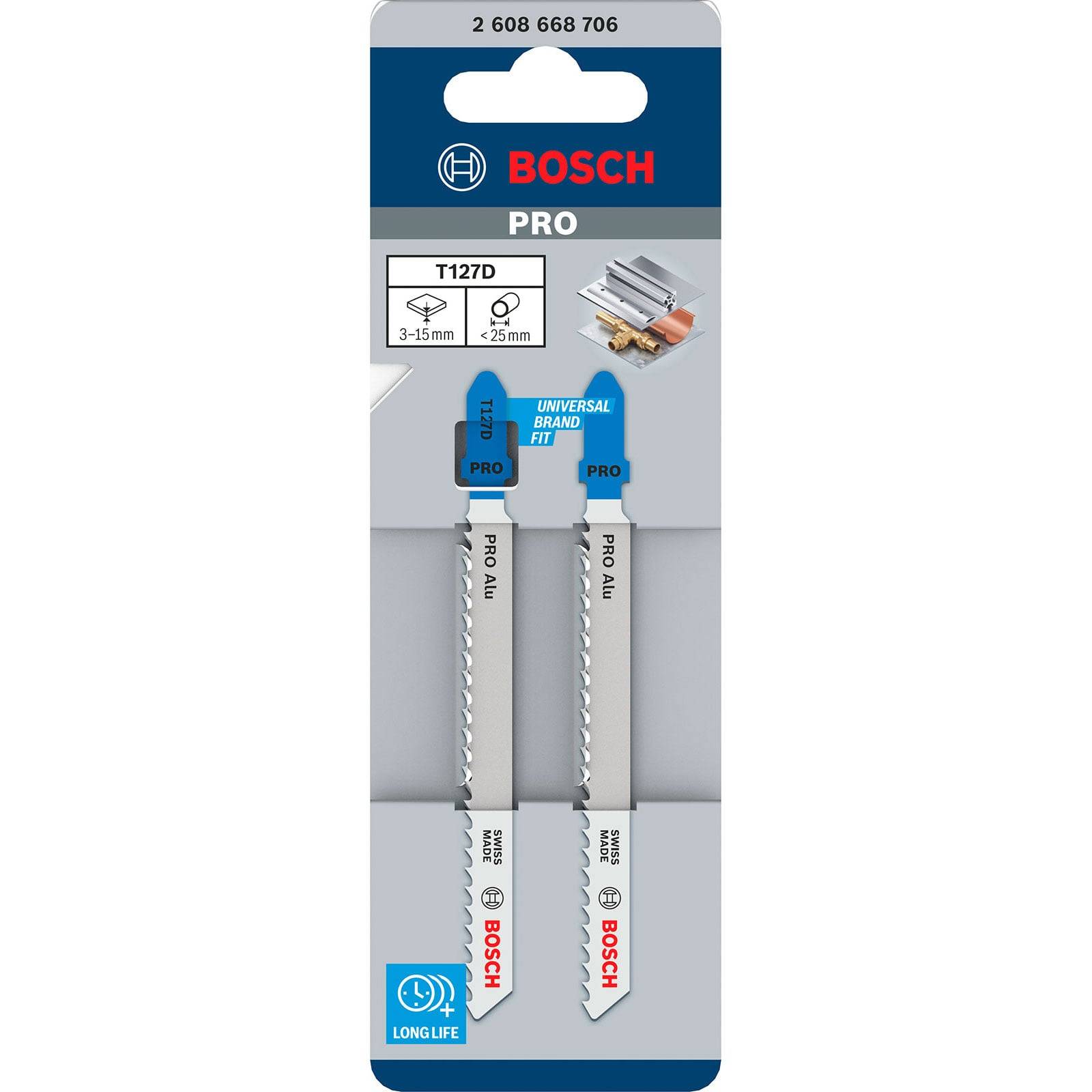 Bosch Pro T127D Sägeblätter für Holz und Metall, 3-15 mm Dicke, lange Lebensdauer, universelle Markenkompatibilität. Zwei Sägeblätter pro Verpackung.