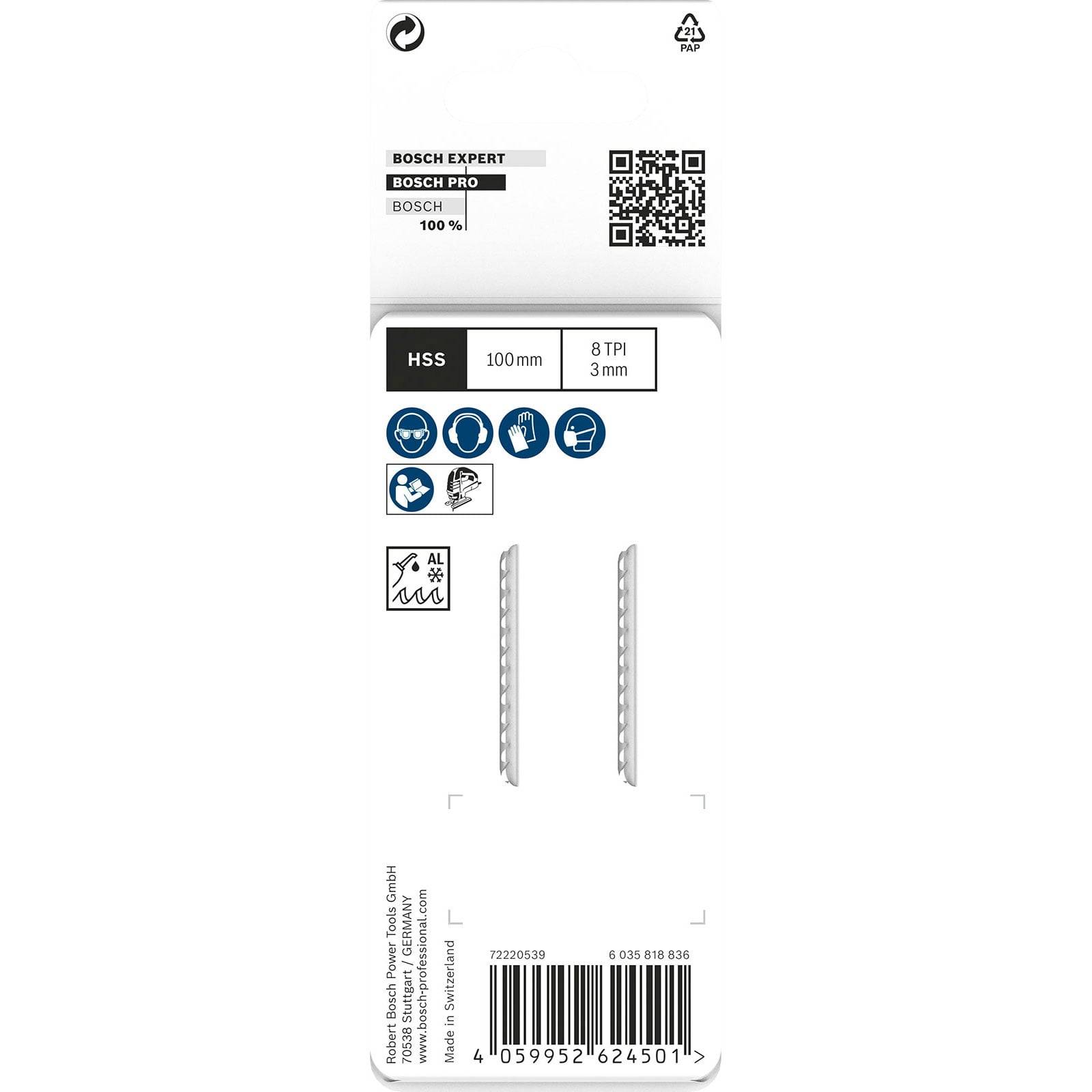Verpackung für Bosch Expert Pro Stichsägeblätter, Details umfassen: 100 mm Länge, 8 Zähne pro Zoll, HSS-Material, geeignet zum Schneiden verschiedener Materialien.