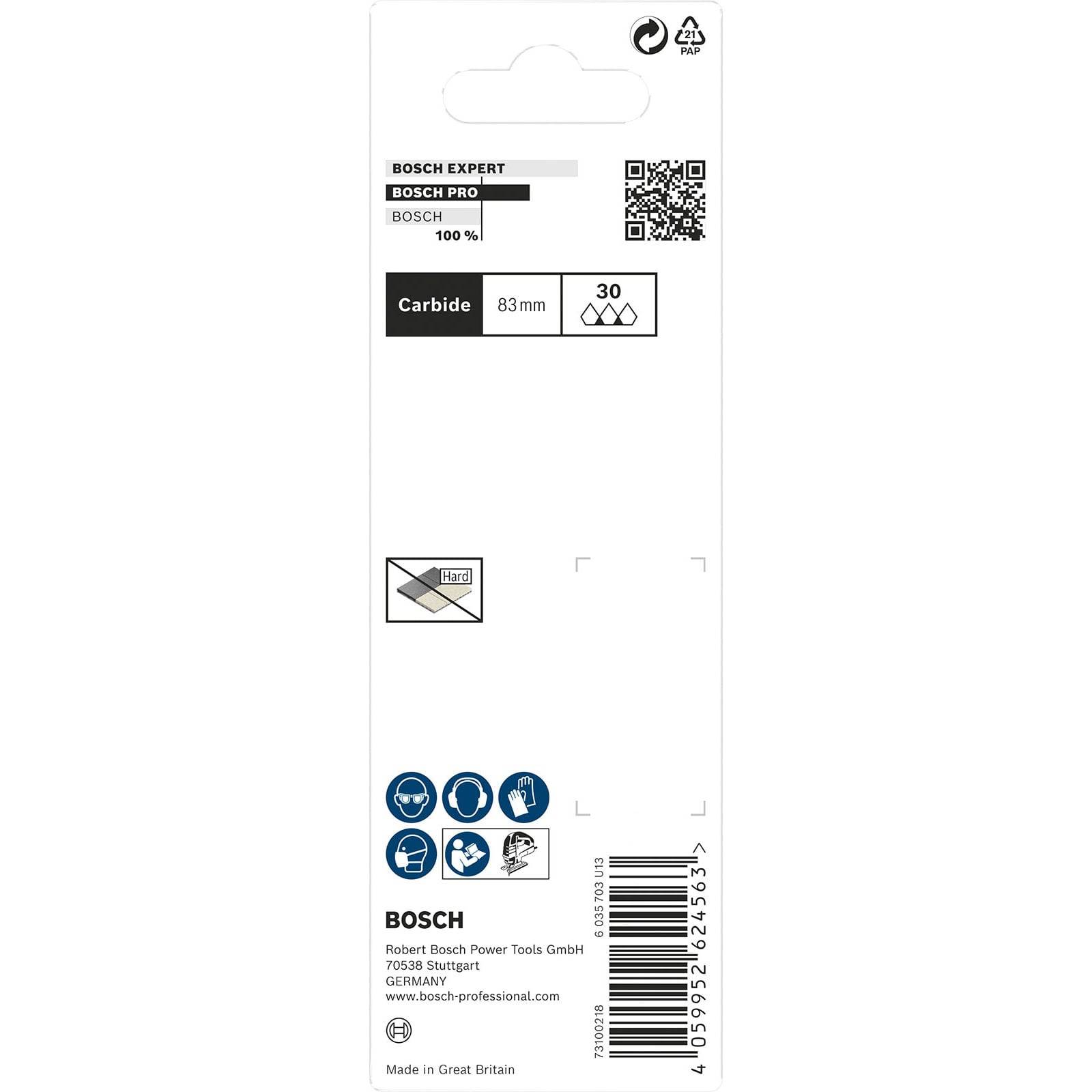 Verpackung für Bosch Expert Stichsägeblätter, beschriftet mit 'Carbide 83mm 30'. Enthält Markenlogos, Produktdetails und Herstellungsinformationen.