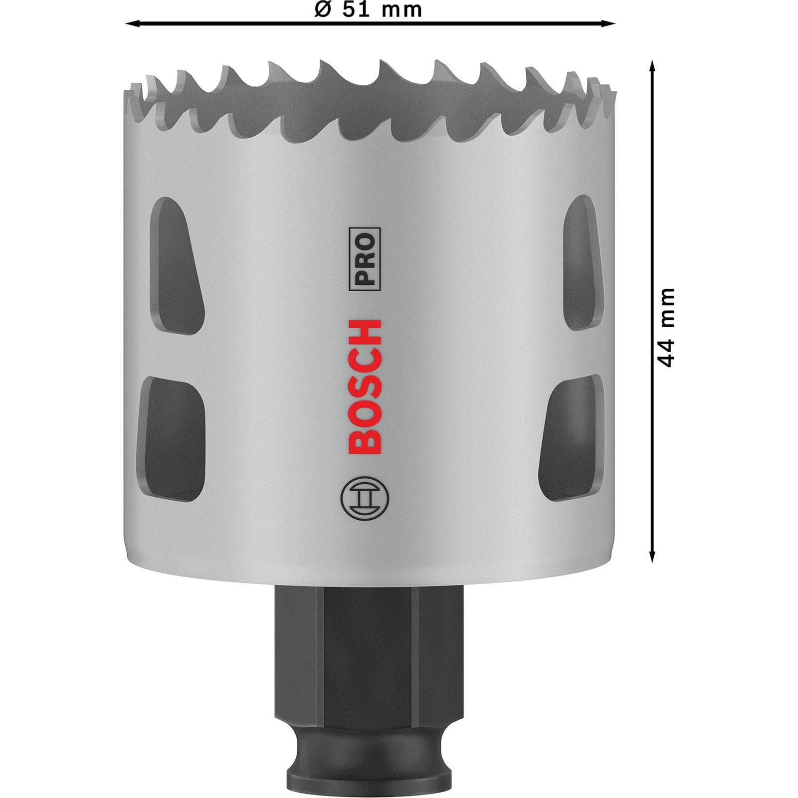 Eine Metallkreissäge mit 'Bosch Pro' Branding, Durchmesser 51 mm und Länge 44 mm, mit industriellem Design.