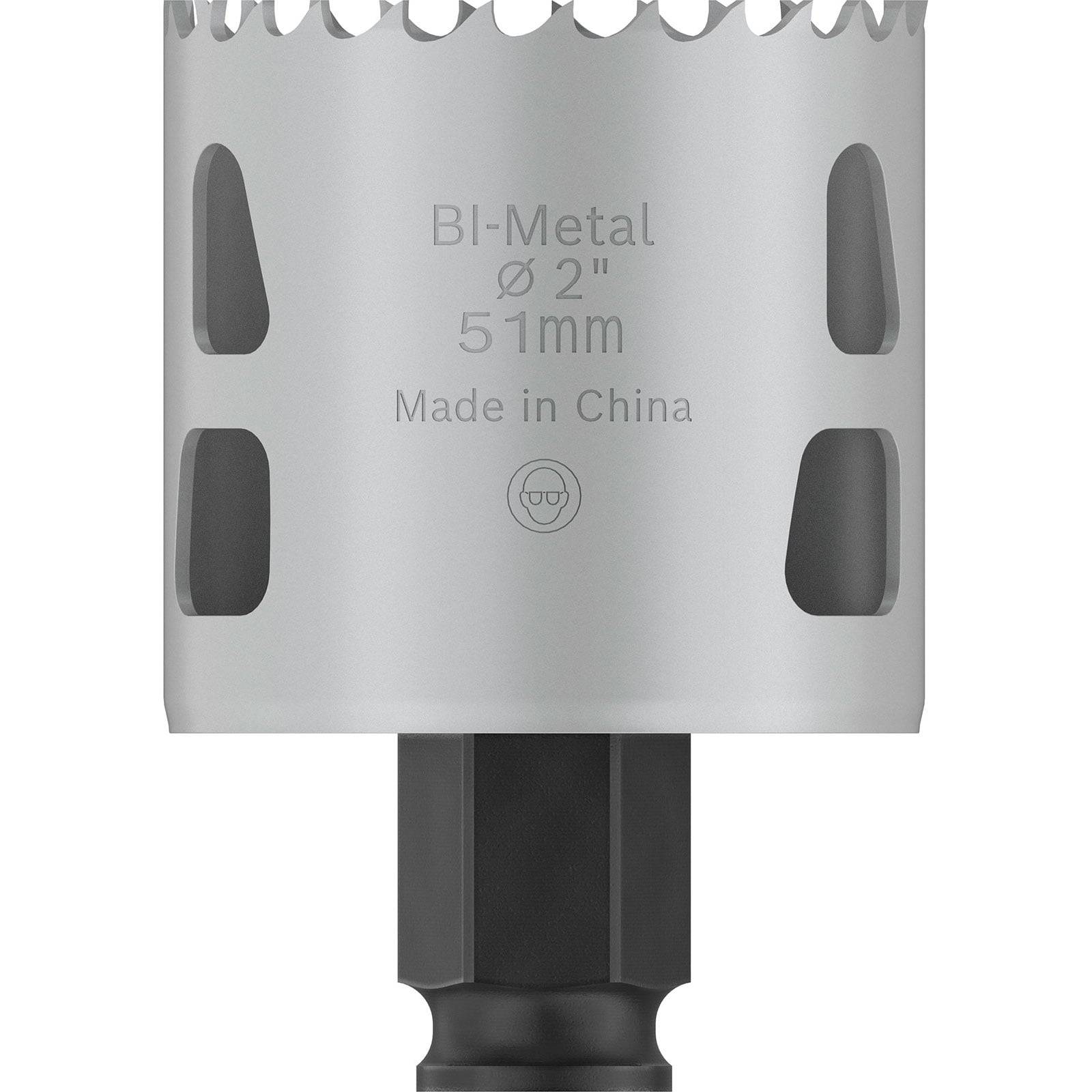 Eine silberne Bi-Metall-Lochsäge mit 51 mm Durchmesser, beschriftet mit 'Bi-Metall Ø 2