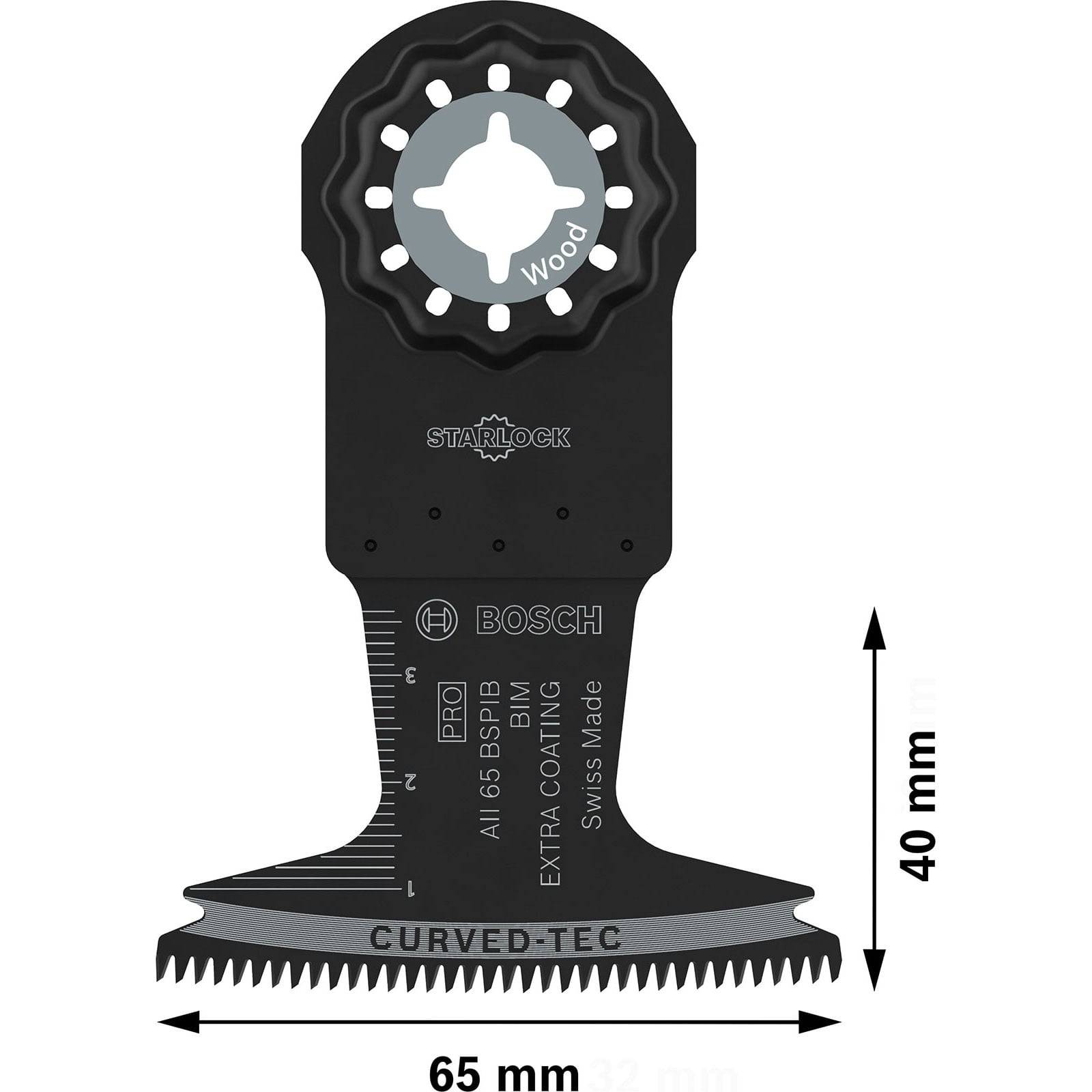 Starlock Multitool-Sägeblatt für Holz mit gekrümmter Tec-Konstruktion, misst 65 mm in der Breite und 40 mm in der Höhe.