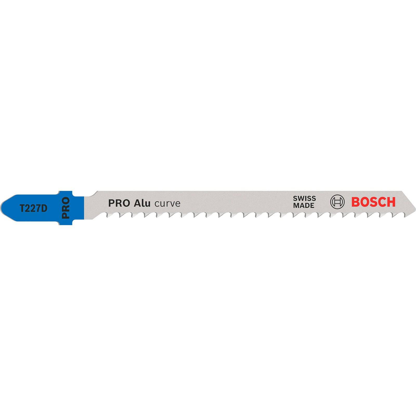 Eine Bosch T227D Stichsägeblatt, konzipiert für Aluminium-Schnitte, gekennzeichnet mit 'PRO Alu curve', mit einem auffälligen blauen Schaft und gezackter Schneide.