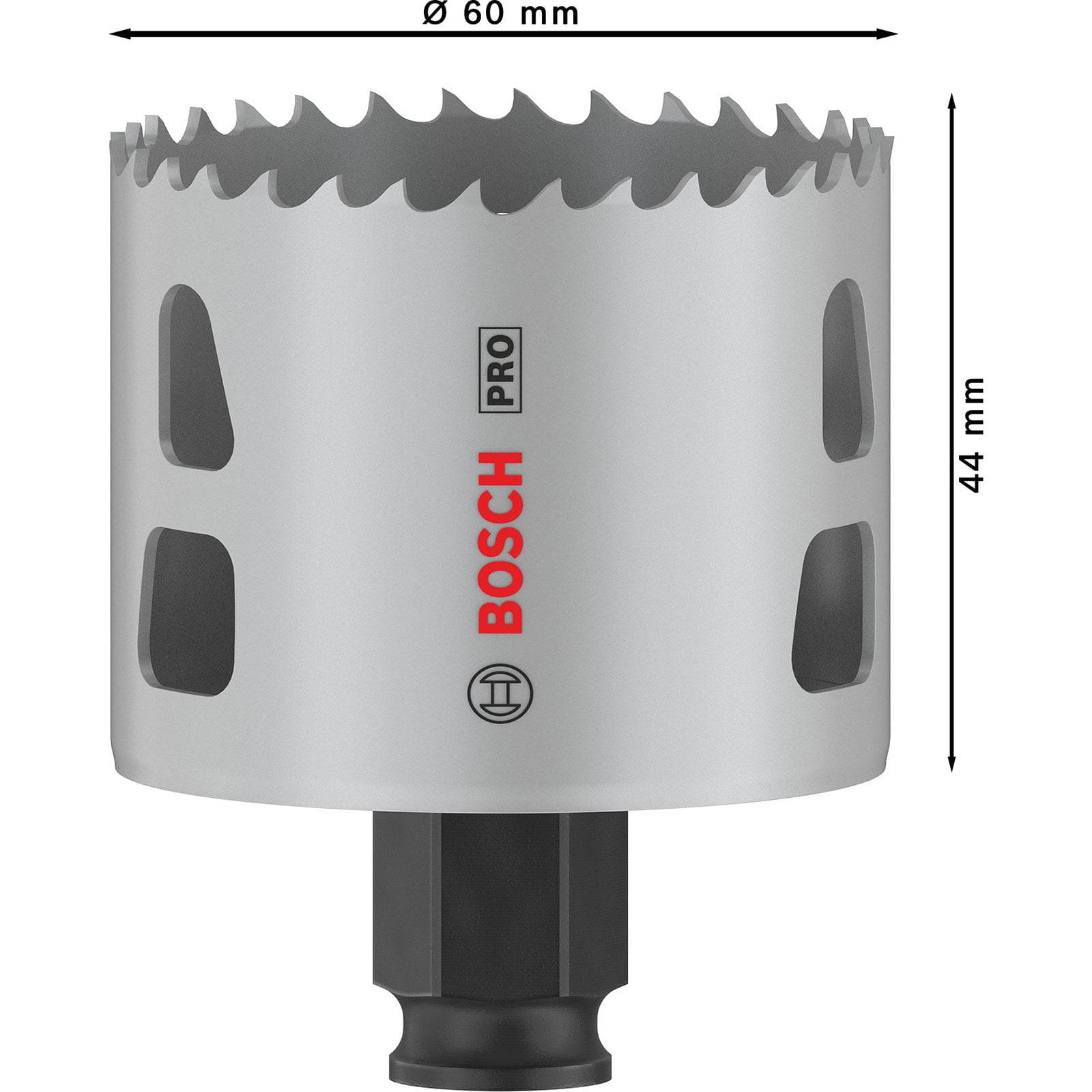 Eine silberne Lochsäge mit dem roten 'Bosch Pro' Logo. Sie hat einen Durchmesser von 60 mm und eine Höhe von 44 mm, mit gezackten Kanten und schwarzen Details.