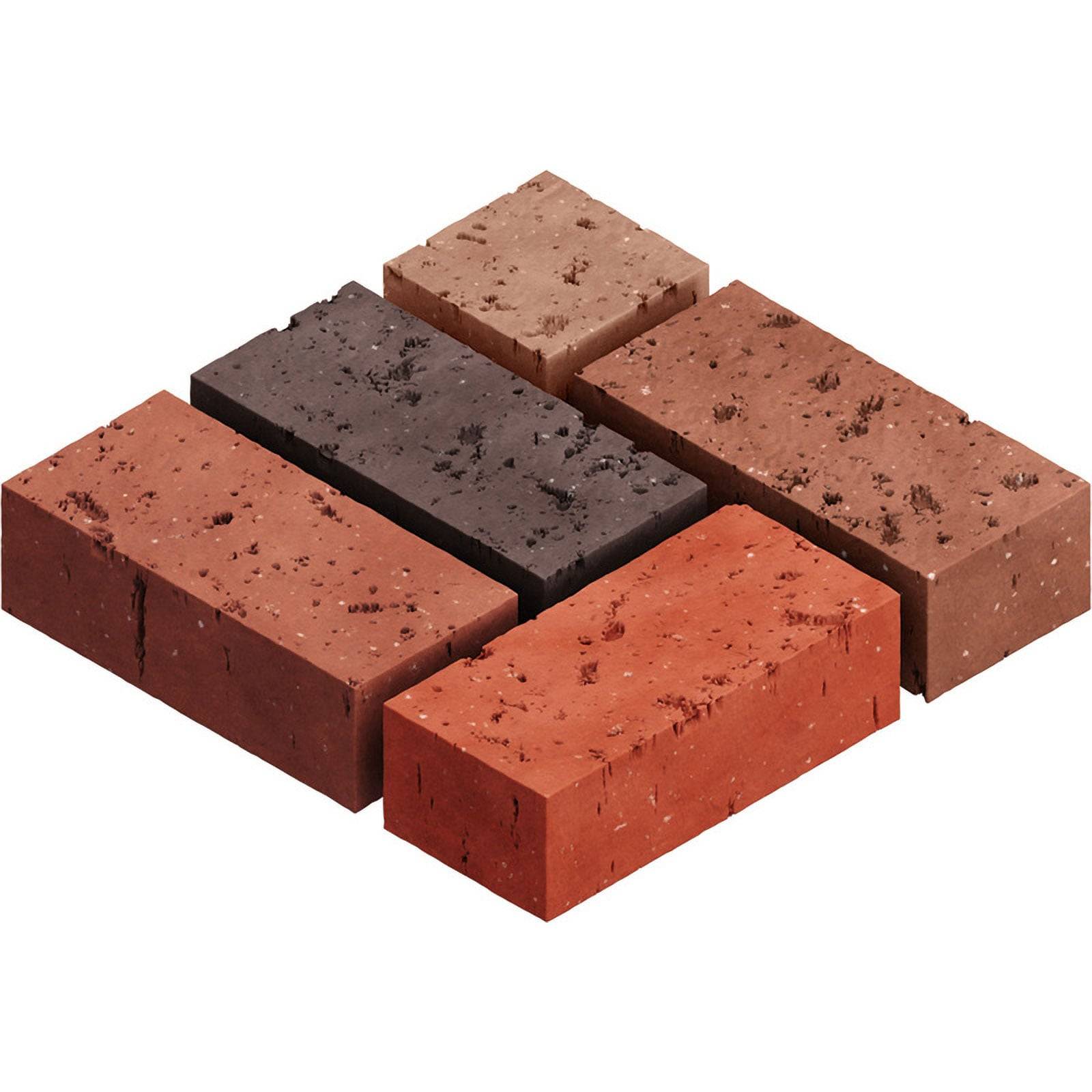 Fünf rechteckige Ziegel in Rot- und Brauntönen sind in zwei versetzten Reihen angeordnet und zeigen Farb- und Strukturunterschiede.
