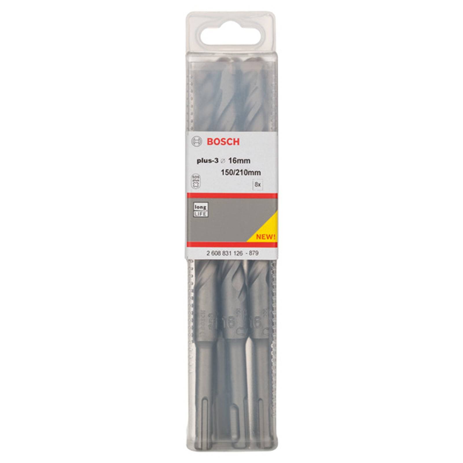 Ein Paket mit drei Bosch Bohrern, gekennzeichnet als 'plus-3', Größe 16mm, 150/210mm, zur Verwendung mit SDS Plus Systemen.