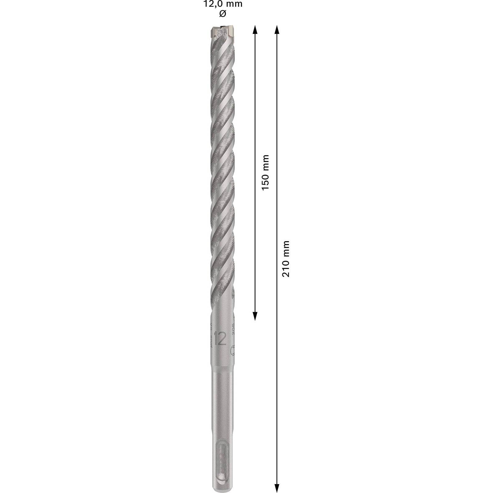 Ein 12,0 mm Durchmesser-Bohrer für Beton, mit einer Gesamtlänge von 210 mm und einer Nutennutzlänge von 150 mm.