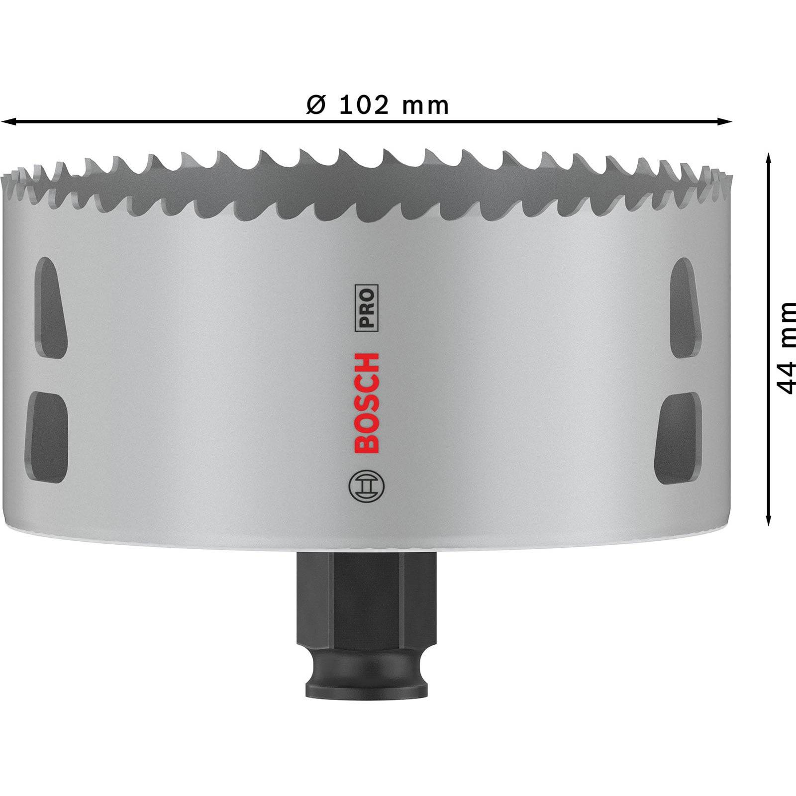 Ein Bosch Pro-Lochsäge mit 102 mm Durchmesser und 44 mm Tiefe, mit sichtbarem Markenlogo und für präzises Bohren konzipiert.