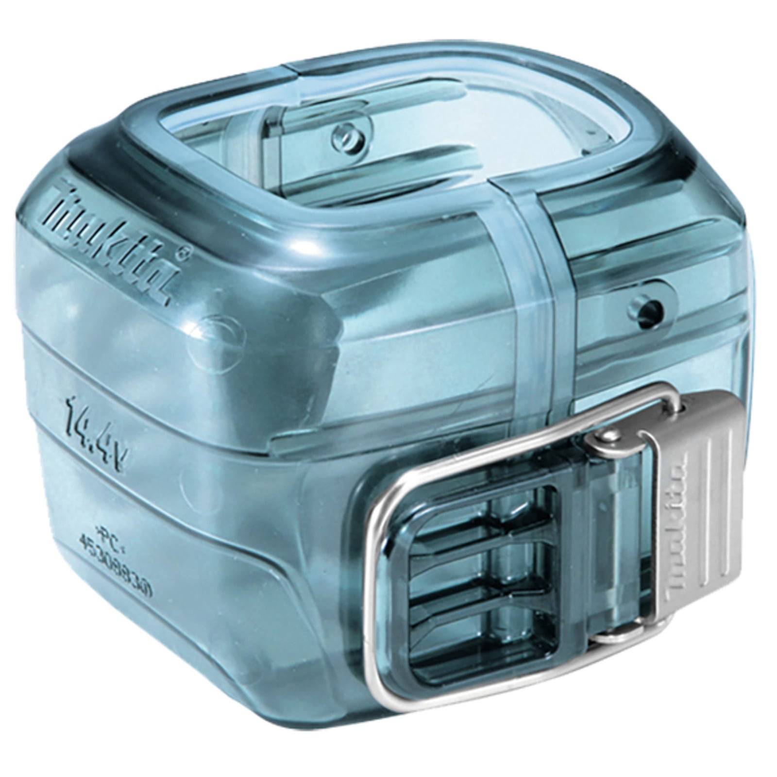 Eine transparente blaue Master Lock Schlüsselbox mit einem silbernen Zahlenkombinationsscheibe an der Seite, die zum sicheren Aufbewahren kleiner Gegenstände verwendet wird.