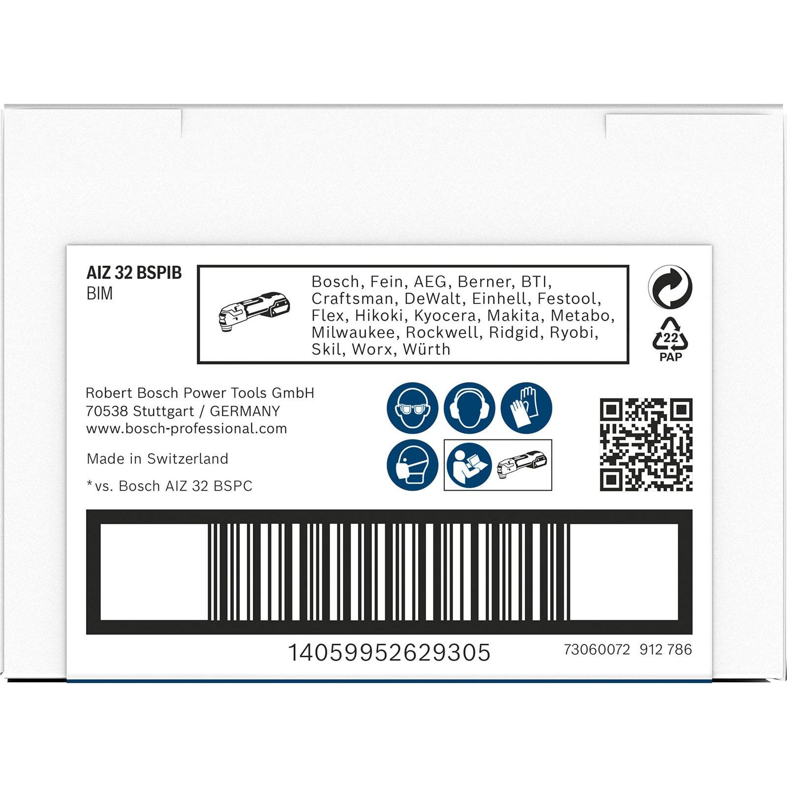 Kasten mit Bosch-Zubehörklingen für Elektrowerkzeuge, kompatibel mit Marken wie Fein und Makita; enthält einen Barcode zum Scannen.
