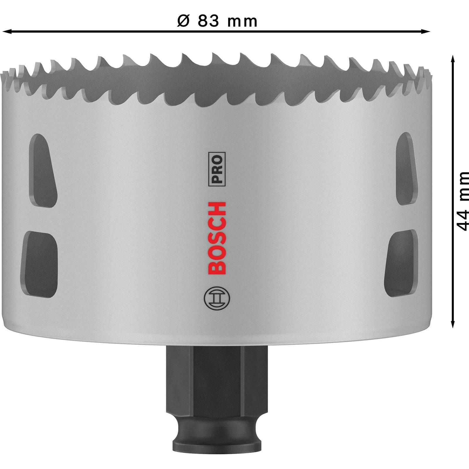 Ein Metallkreissägeblatt mit 'Bosch Pro' Branding, 83 mm Durchmesser und 44 mm Höhe, mit scharfen Zähnen am Rand.