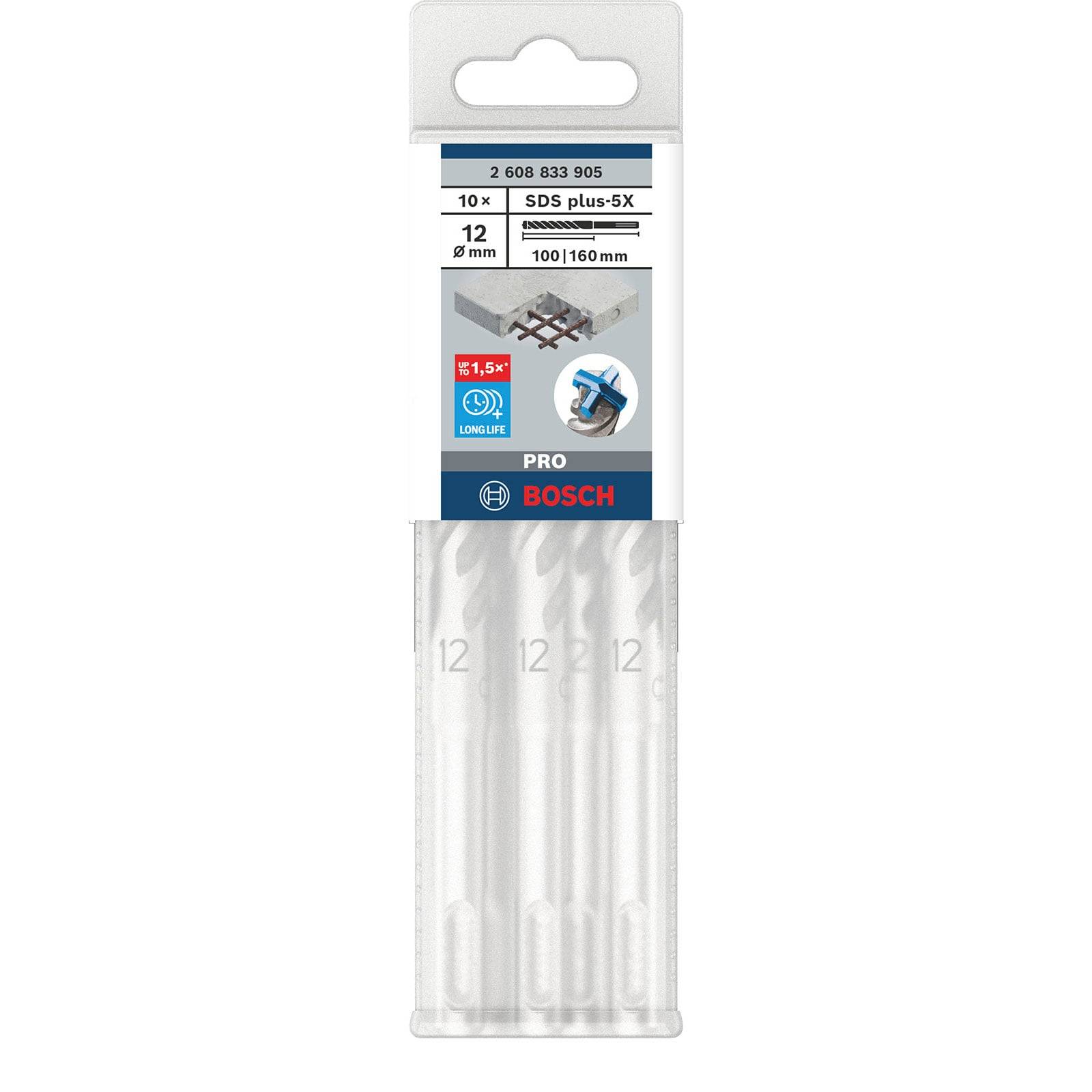 Bosch SDS plus-5X Bohrersatz, 10 Stück, 12 mm Durchmesser, 100 mm Länge, geeignet für Betonbohrungen, graue Verpackung.