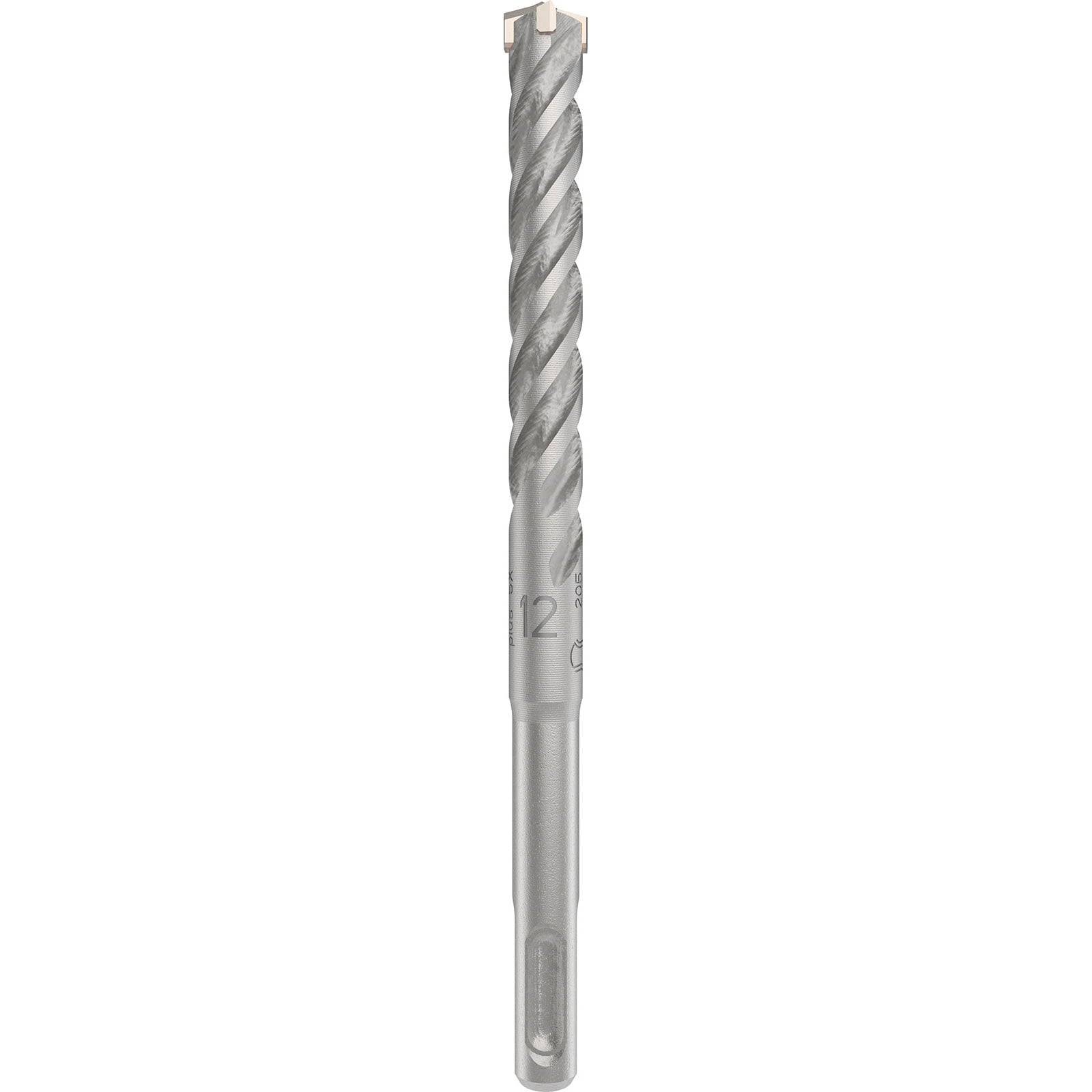 Ein metallischer Bohrer mit gedrehtem Design und einer flachen Endspitze zum Bohren in harte Materialien. Die Schaftseite ist mit der Zahl '12' markiert.