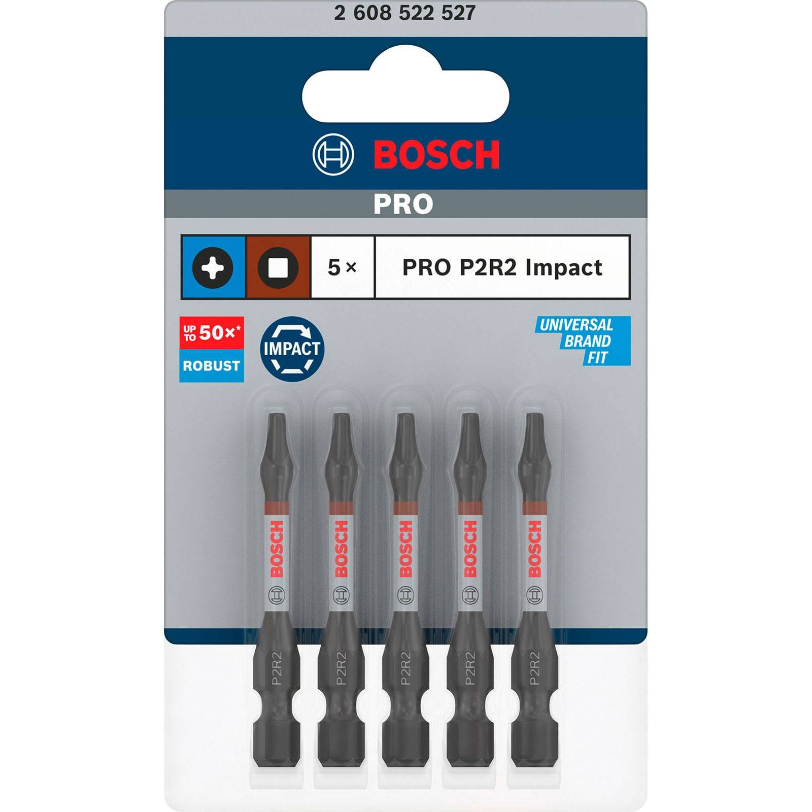Bosch Pro Schrauberbit-Set, 5 Stück, PZ2R2 Impact, geeignet für robuste Aufgaben, universeller Markenfit, in Einzelhandelsverpackung.