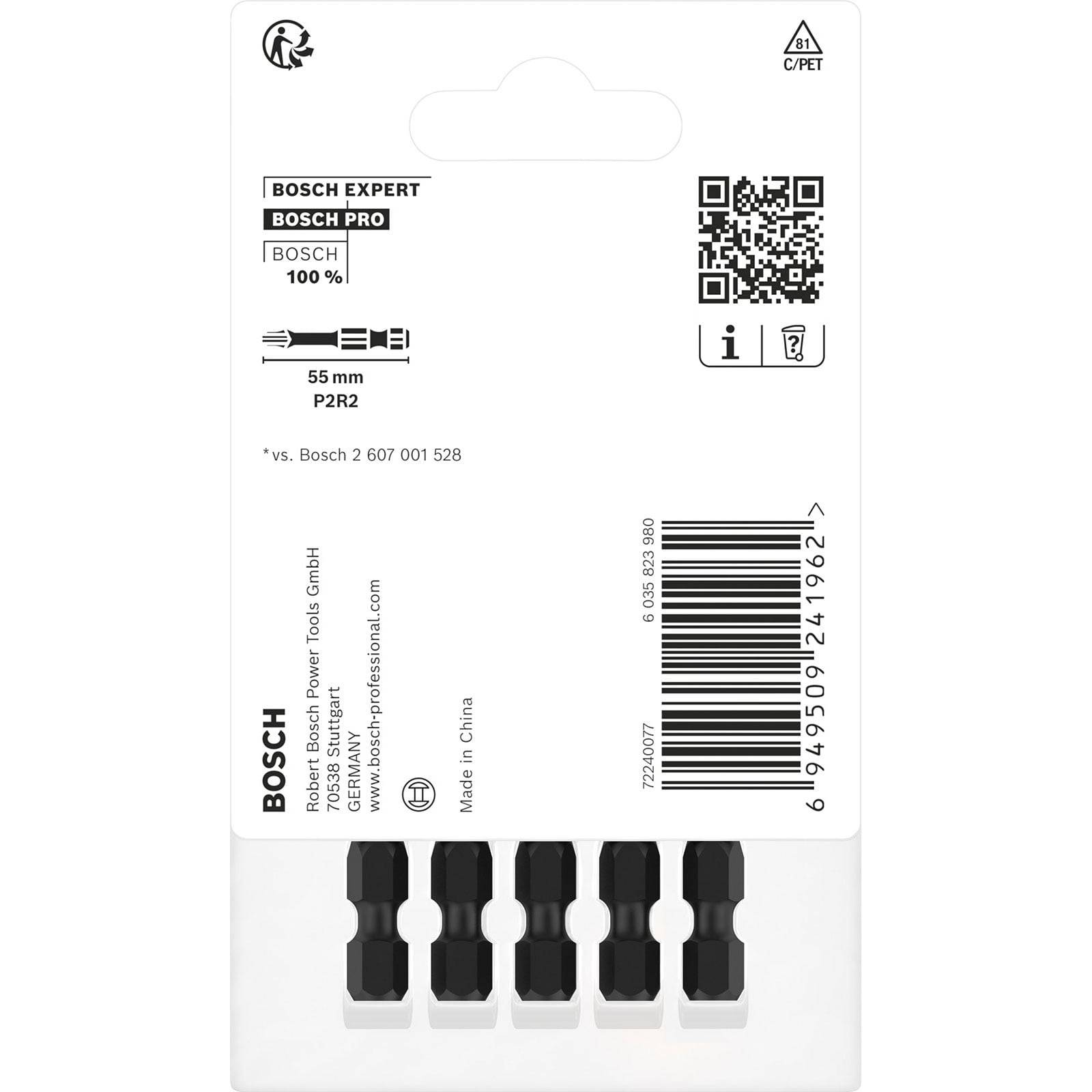 Bosch-Expertenbitsatz, 55 mm, PR2. Enthält QR-Code und Strichcode. Produktdetails und Kontaktinformationen auf der Rückseite gedruckt.