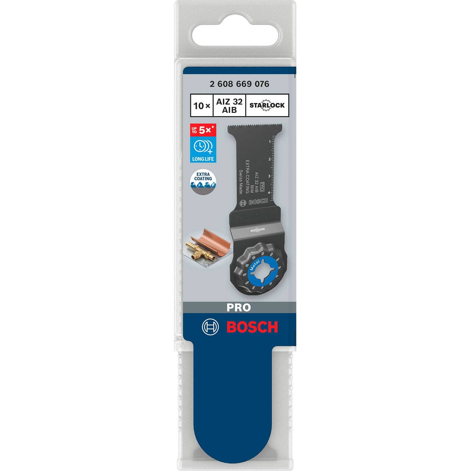 Bosch Starlock Oszillierendes Multitool-Sägeblatt, 'PRO AIZ 32 AIB', geeignet zum Schneiden von Metall. Verpackung betont 'Lange Lebensdauer' und zusätzliche Haltbarkeit.