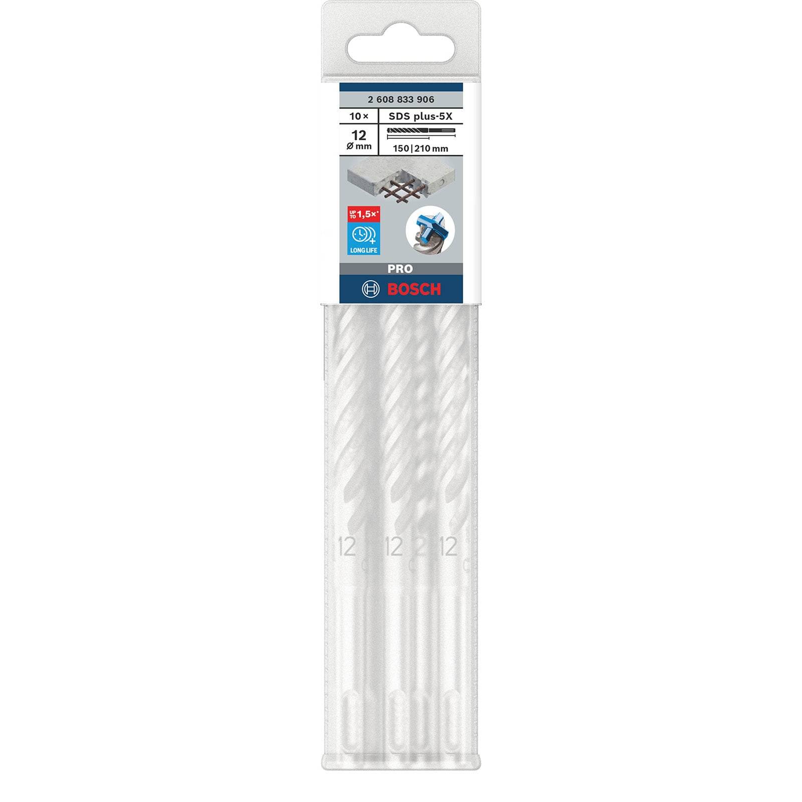 Bosch SDS plus-5X Bohrersatz, 10-teilig, Durchmesser 12 mm, Länge 150/210 mm, zum Bohren in Beton. Verpackung mit sichtbaren Bohrern dargestellt.