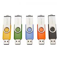 Fünf USB-Stick in verschiedenen Farben: gelb, grün, blau, orange und schwarz, jeweils mit einer silbernen Metallabdeckung zum Aufklappen und sichtbaren USB-Anschlüssen.