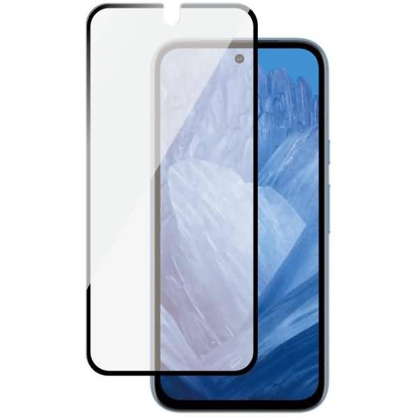 Smartphone mit einer durchsichtigen Displayschutzfolie, die über dem Display angebracht ist, auf weißem Hintergrund dargestellt.