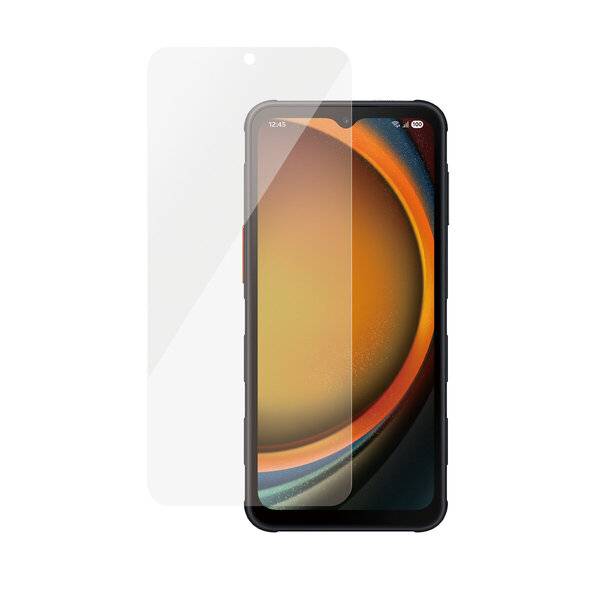 Smartphone mit einer klaren Displayschutzfolie, die über dem vorderen Display auf weißem Hintergrund angebracht ist.