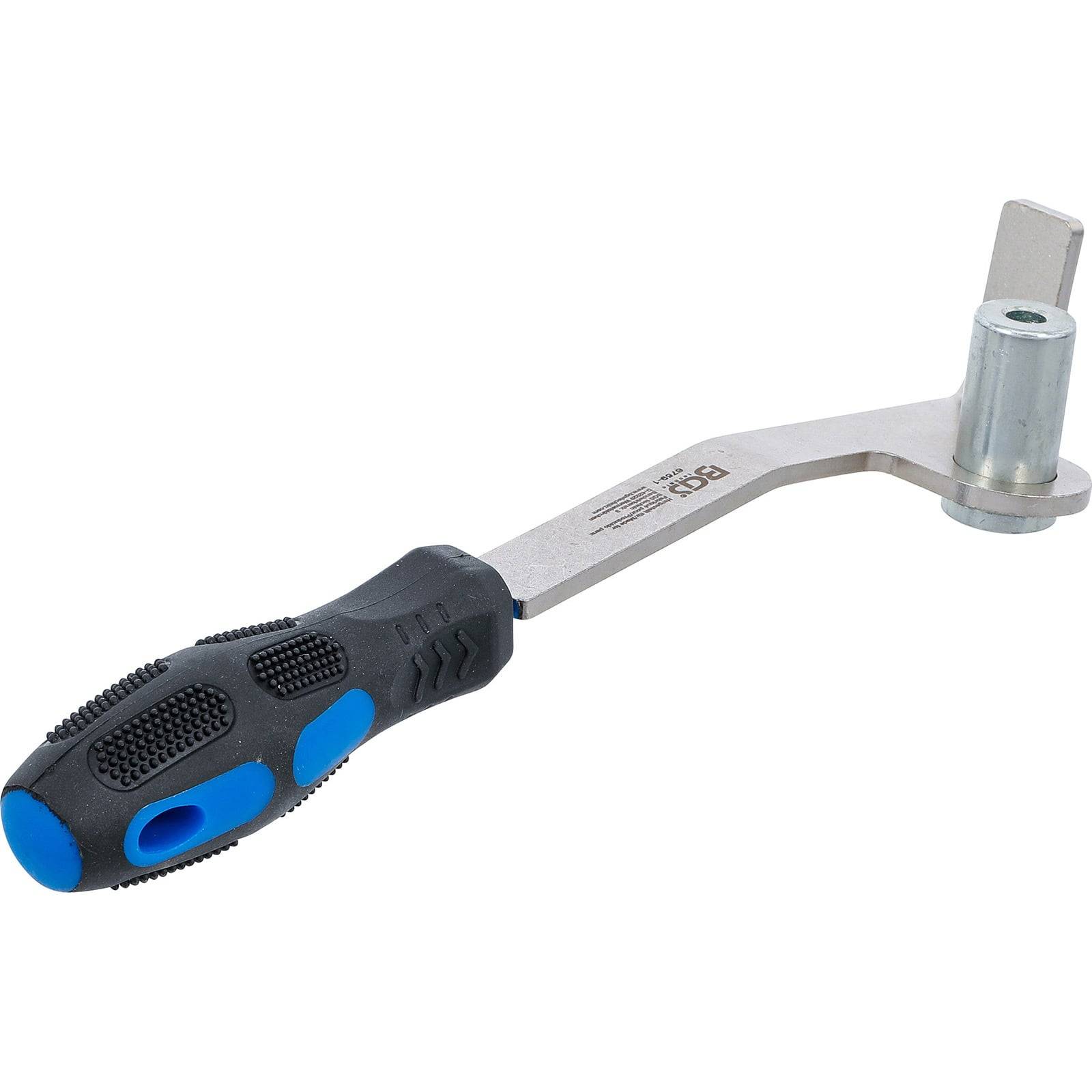 Ein Metallwerkzeug mit blau-schwarzem Griff, das einen flachen Kopf und eine gewinkelte Konstruktion aufweist und zum Justieren oder Festziehen bestimmter Komponenten verwendet wird.