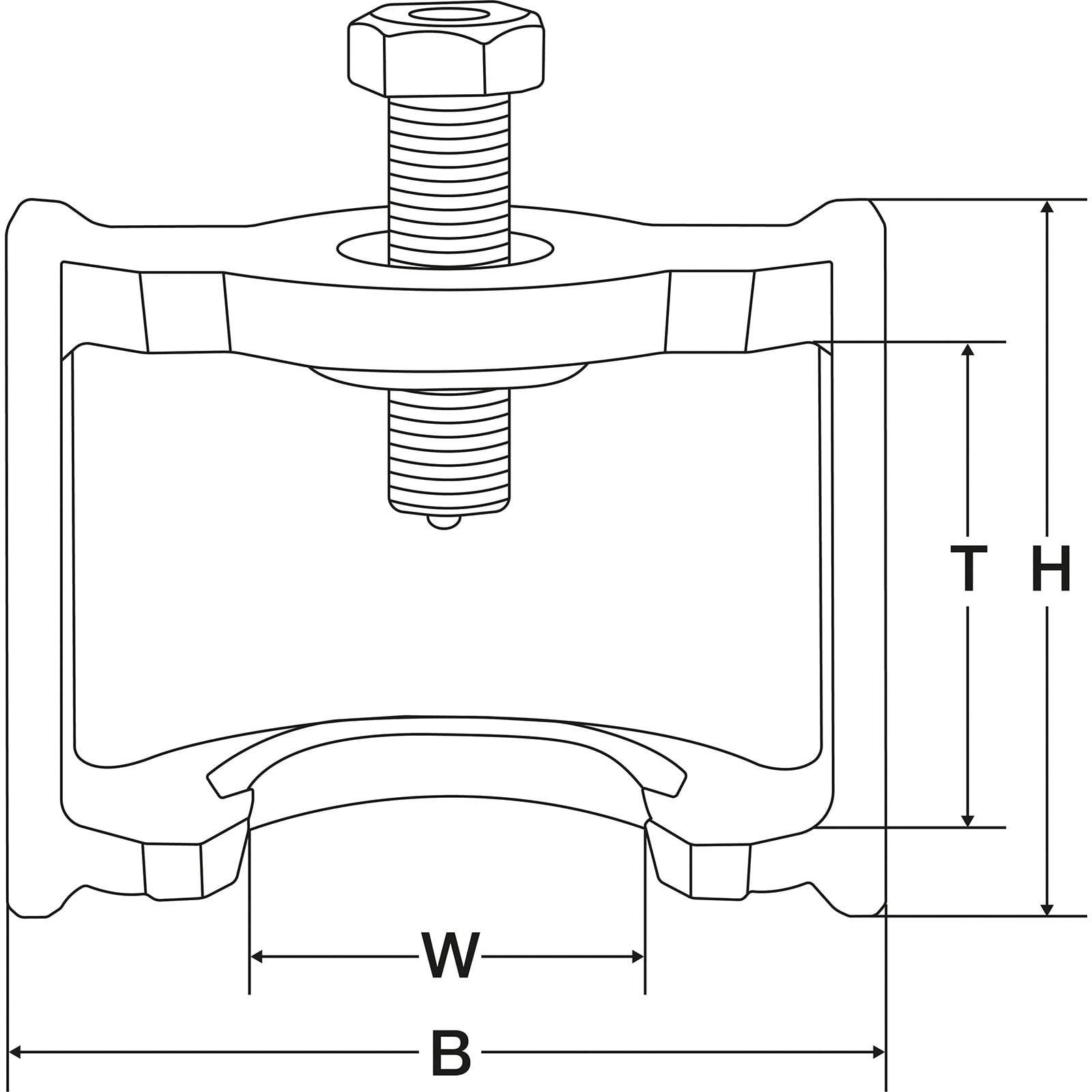 Diagramm einer mechanischen Klemme mit beschrifteten Abmessungen: 'W' (Breite), 'B' (Basisbreite), 'H' (Gesamthöhe) und 'T' (Gewindehöhe).