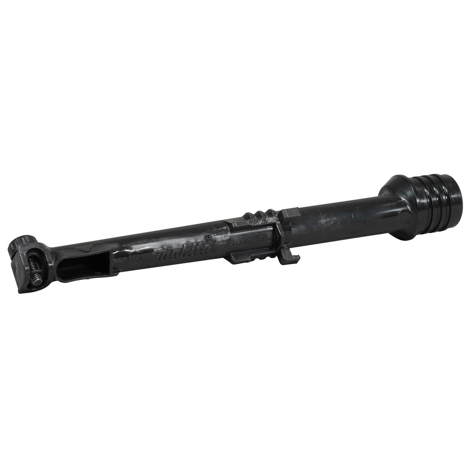 Eine schwarze mechanische Komponente, zylindrisch mit detaillierten Gravuren und Vorsprüngen, horizontal auf einem schlichten Hintergrund ruhend.