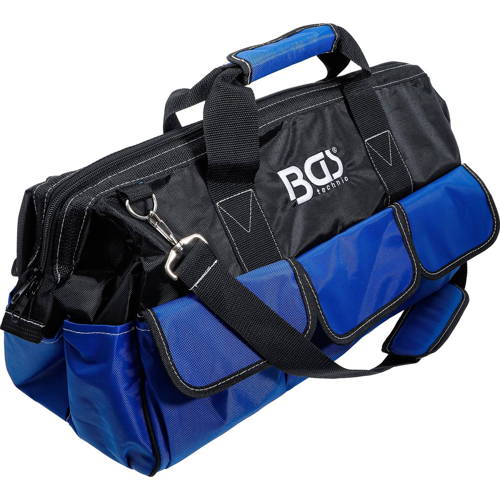 Eine blaue und schwarze Werkzeugtasche mit Griffen und einem Schultergurt, ausgestattet mit mehreren Taschen und einem Reißverschluss. Das Logo 'BGS' ist sichtbar.