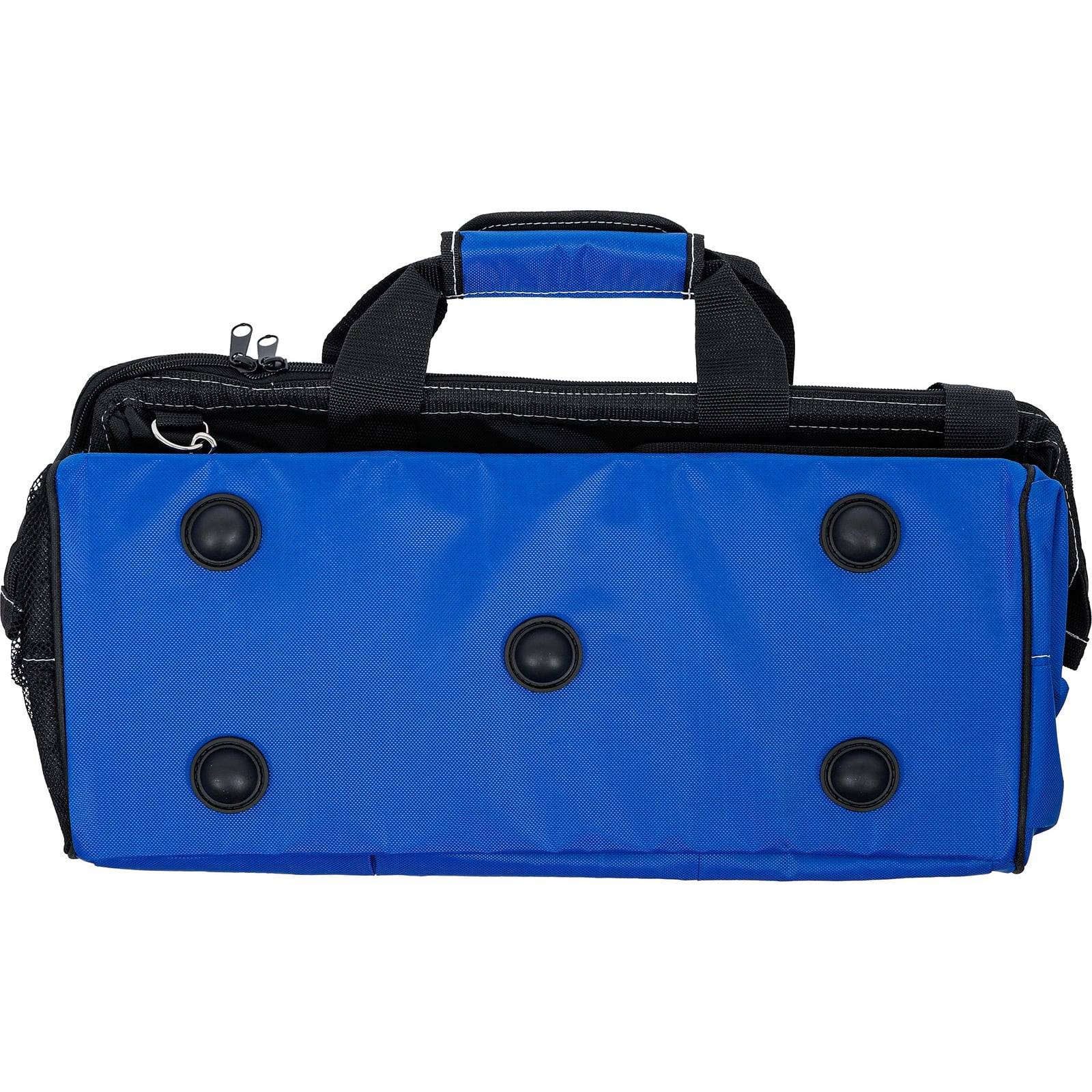 Eine blau und schwarz rechteckige tragbare Tasche mit fünf runden schwarzen Saugnapfbechern auf einer Seite, konzipiert für einfache Befestigung.
