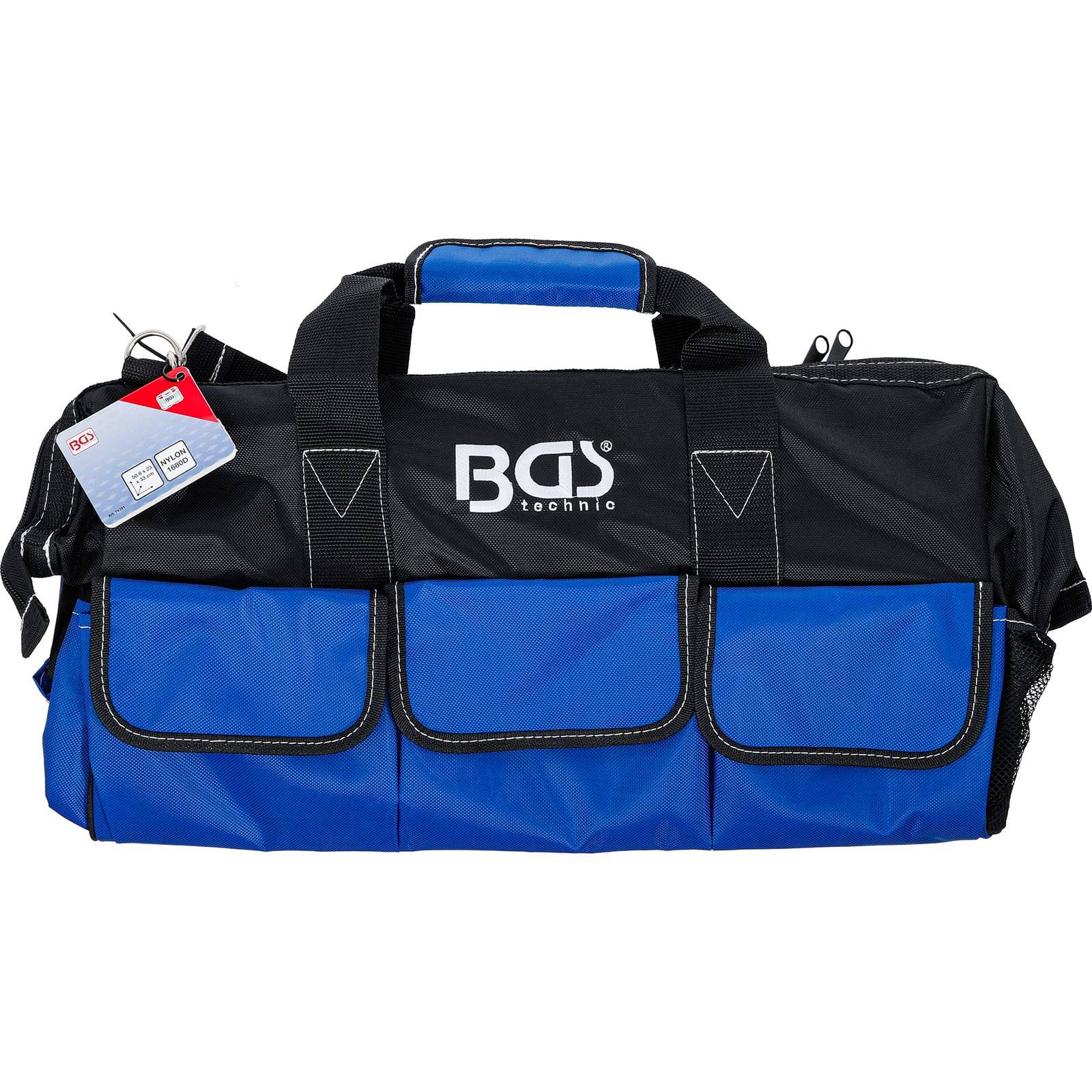 Eine blaue und schwarze BGS Technic Werkzeugtasche mit mehreren Außentaschen, Griffen oben und zwei Anhängern, die an einer Seitenschlaufe befestigt sind.