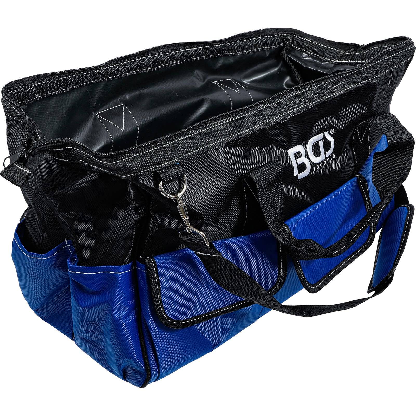 Blaue und schwarze Werkzeugtasche mit mehreren Taschen und einem Markenlogo.