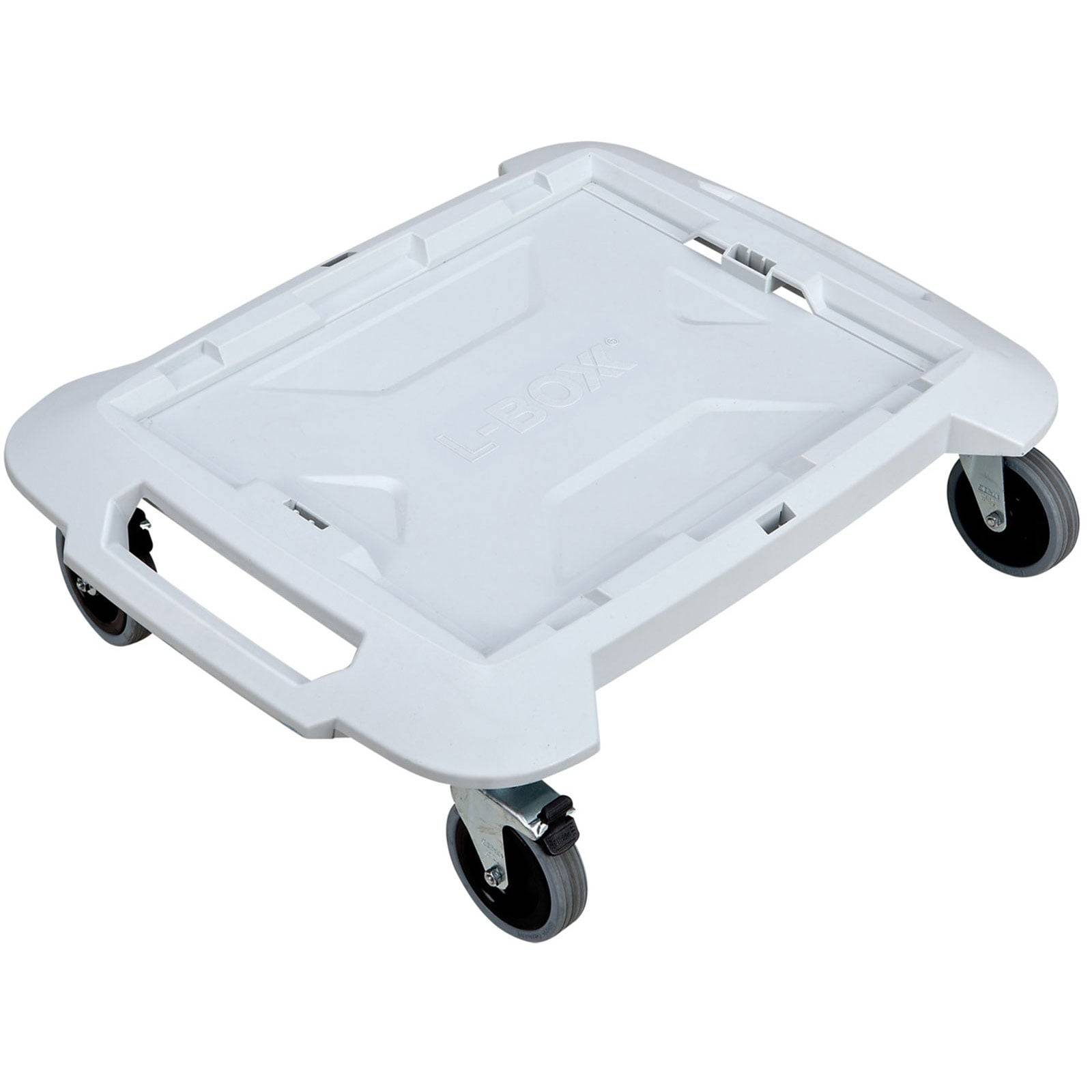 Ein weißer, rechteckiger Transportwagen aus Kunststoff mit vier Lenkrollen und zwei Griffen, der für den einfachen Transport schwerer Gegenstände auf ebenen Oberflächen konzipiert ist.