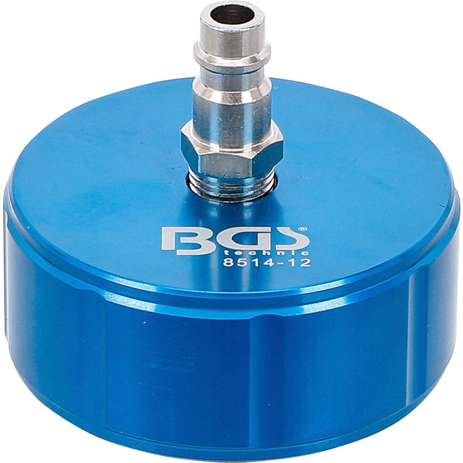 Ein blaues Metalltool mit einer zylindrischen Form und einem silbernen Anschluss oben, mit der Aufschrift 'BGS technic 8514-12'.