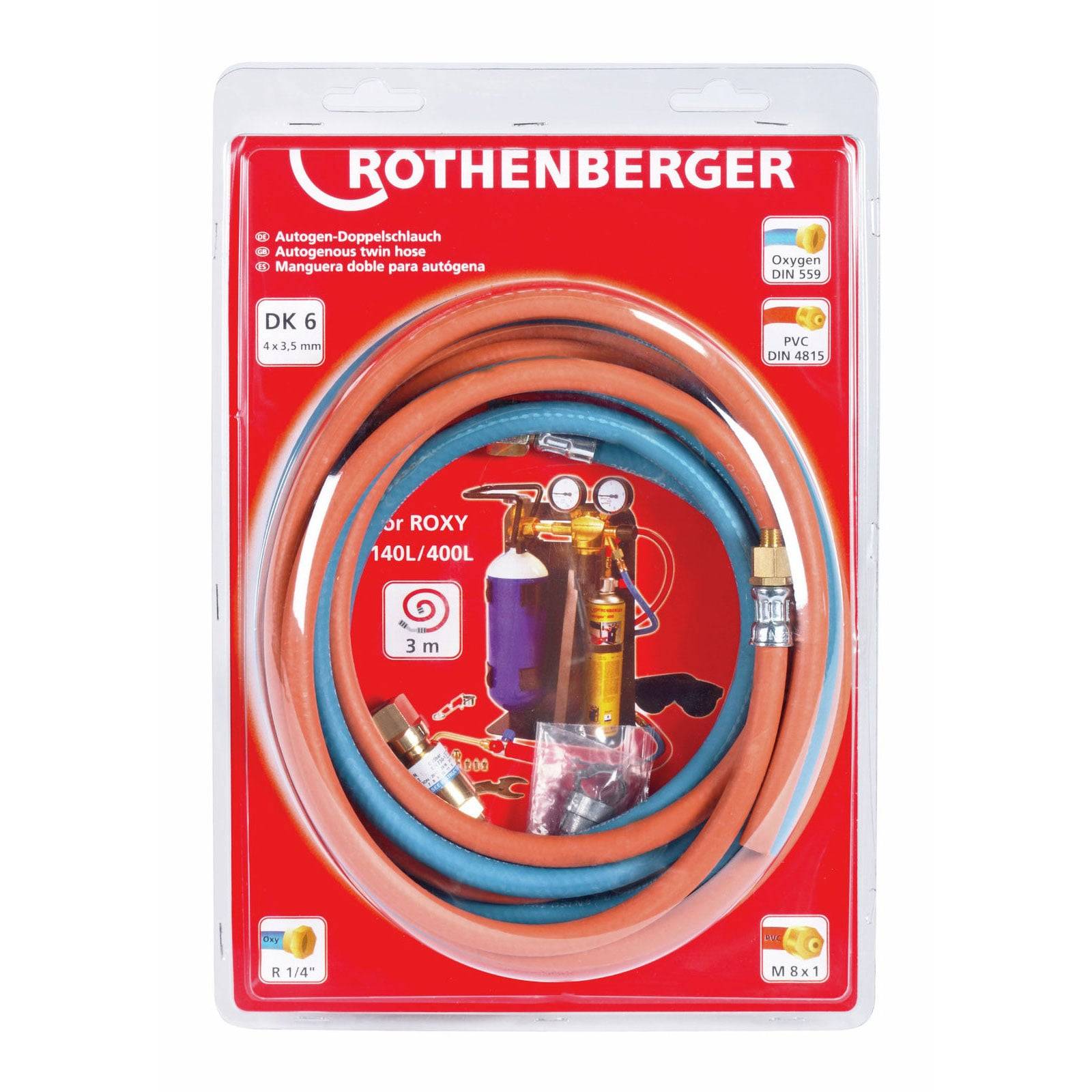 Paket mit orangen und blauen Schläuchen für autogene Verwendung, gekennzeichnet mit 'ROTHENBERGER'. Enthält Anschlüsse und Befestigungen, 3 Meter Länge.
