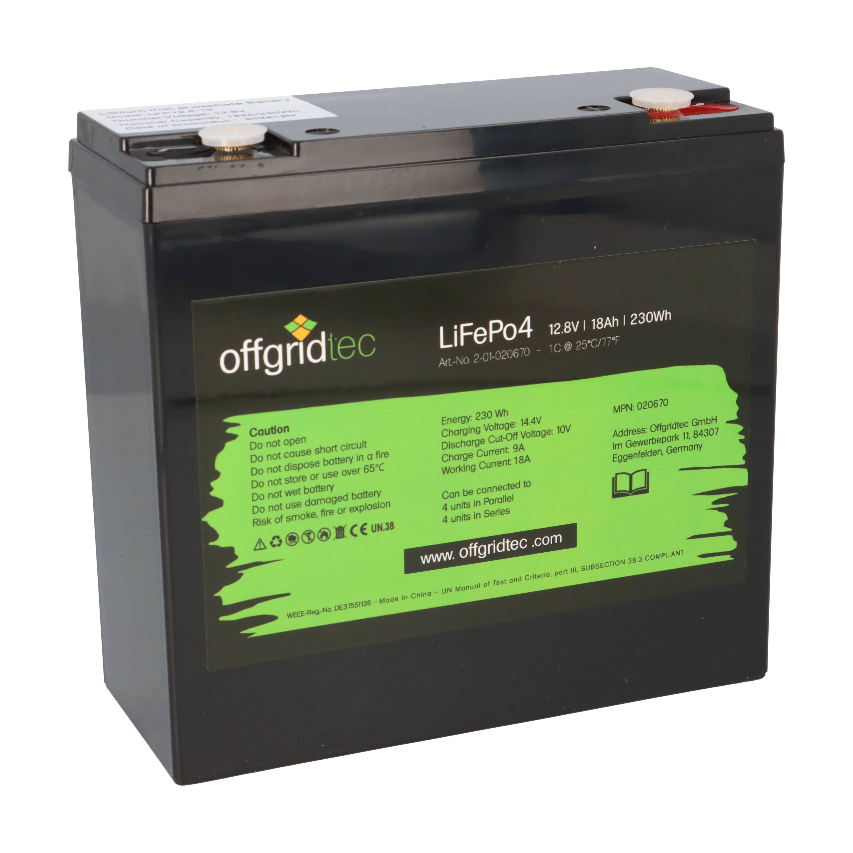 Offgridtec LifePo4 Akku 12/18 12,8V 18Ah 224Wh mit 0% MwSt nach §12 Abs. 3 UstG